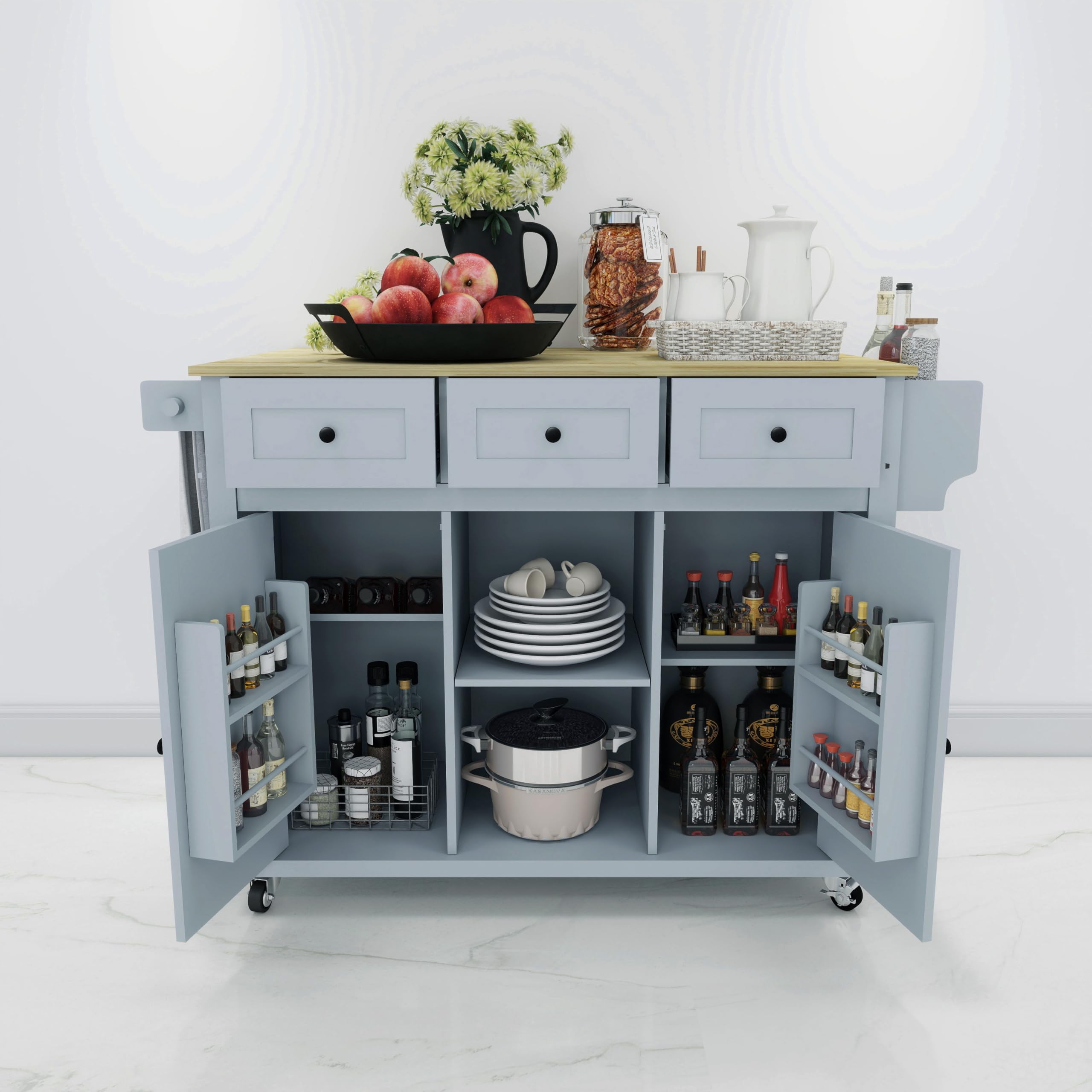 Rolling Kitchen Cart with Storage & Drop Leaf - Grey Blue for Cooking & Dining