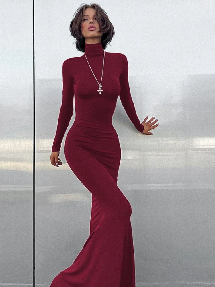 Elegant Black Maxi Dresses for Women - Sexy Turtleneck Long Sleeve Flare Dress for Fall Winter 2023 | Perfect for Holiday Parties, Date Nights & Office Wear | C85 BH34