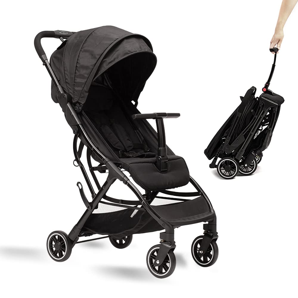 COOL KIDS Lightweight Automatic Fold Travel Stroller with Pop-Out Sun Canopy - Compact Umbrella Stroller for Toddlers & Infants (Black) | Perfect for Air Travel, Shopping & Daily Walks