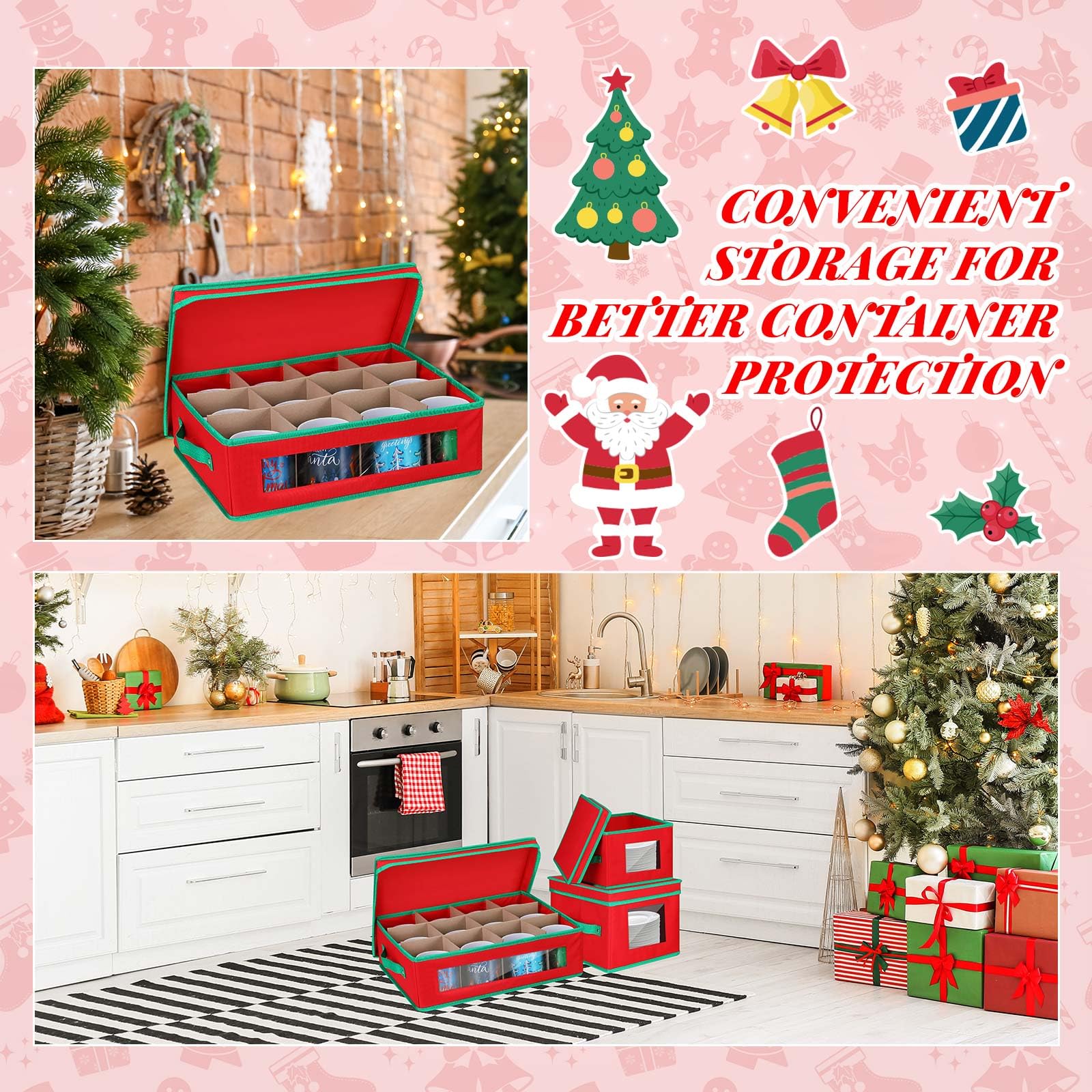 3-Piece Christmas-Themed Plate Storage Containers with Dividers & 40 Felt Protectors – 5-Inch Mug Organizer for Kitchen, Dining, and Holiday Decor Storage – Perfect for Cabinet, Pantry, and Countertop Organization