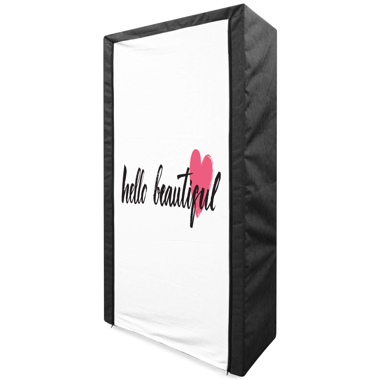 Ambesonne Hello Portable Fabric Wardrobe - Black Calligraphy with Pink Heart Design, 33.5 Inch Closet Organizer with Shelves for Bedroom Storage | Perfect for Small Spaces, Dorm Rooms & Apartment Organization