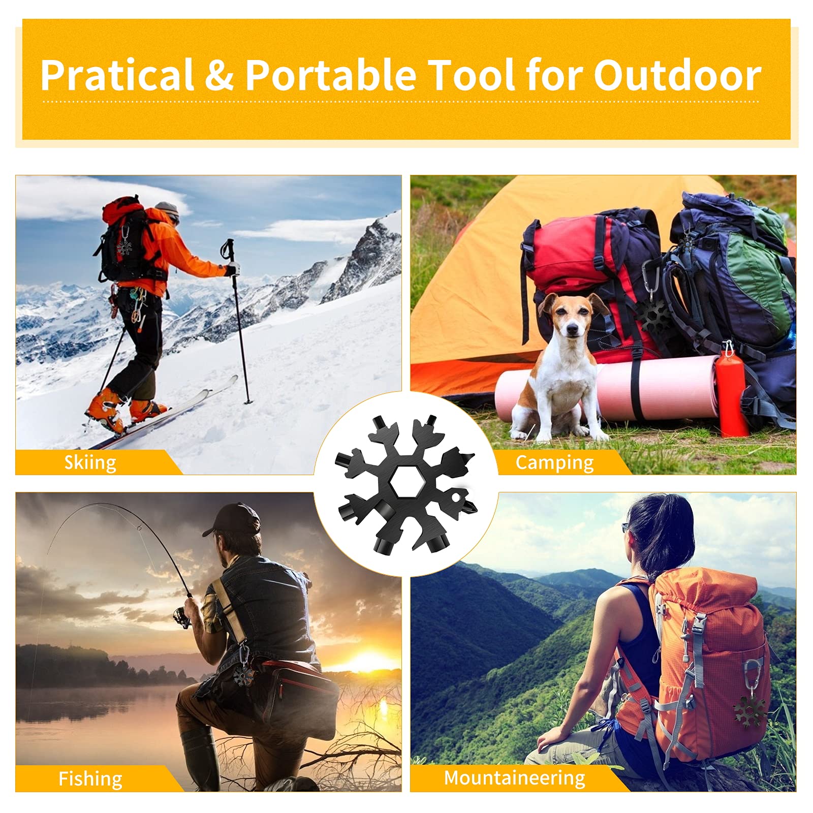 FZENeast 18-in-1 Stainless Steel Snowflake Multitool Set (3 Pack) - Snowflake Wrench with Key Ring, Carabiner Clip & Storage Bag - Black - Perfect for Camping, Hiking, Emergency Kits & Outdoor Adventures