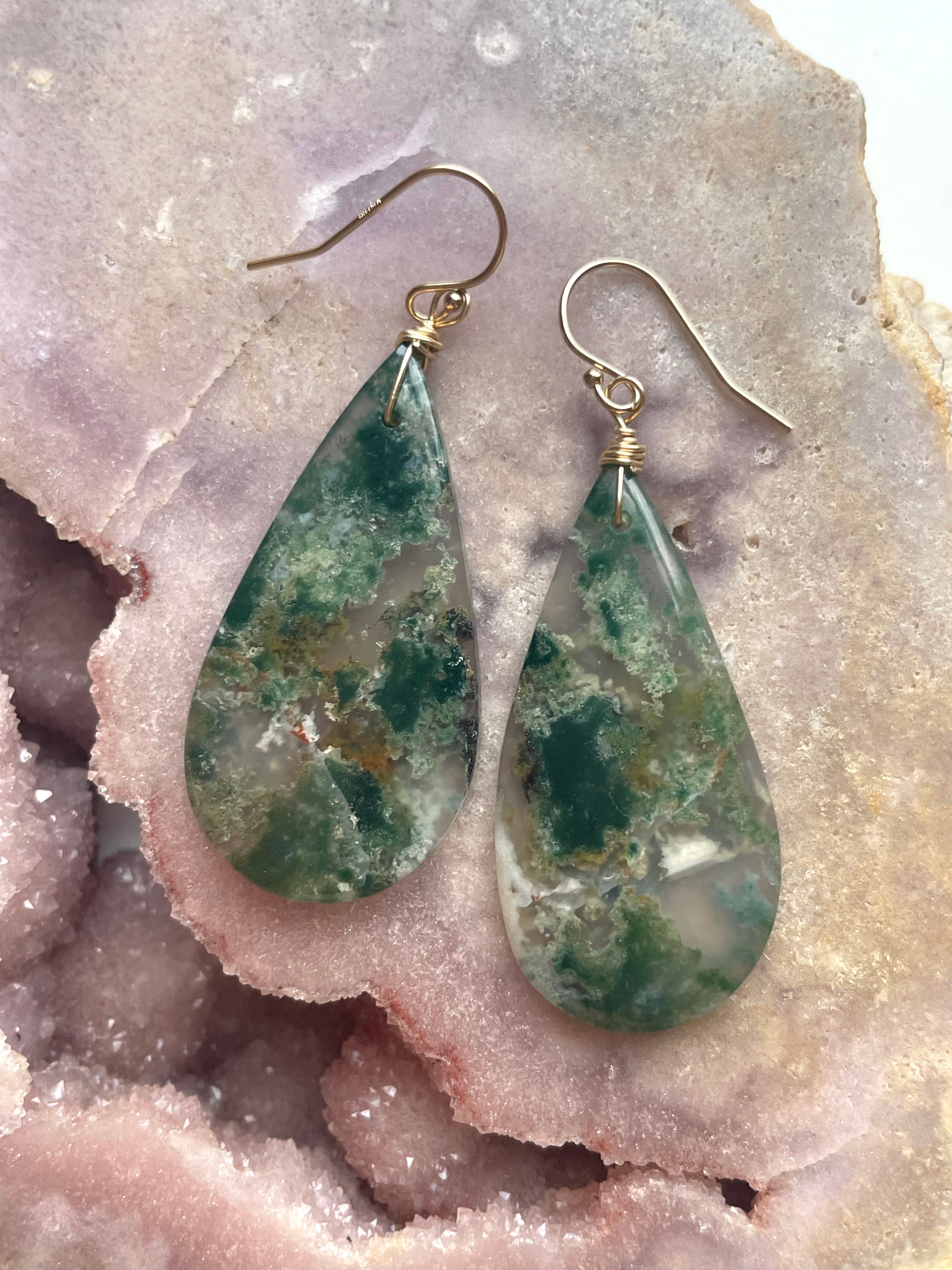 Large Moss Agate Statement Earrings - Gold Filled Dangle Earrings for Women - Elegant Boho Jewelry for Parties, Weddings & Special Occasions