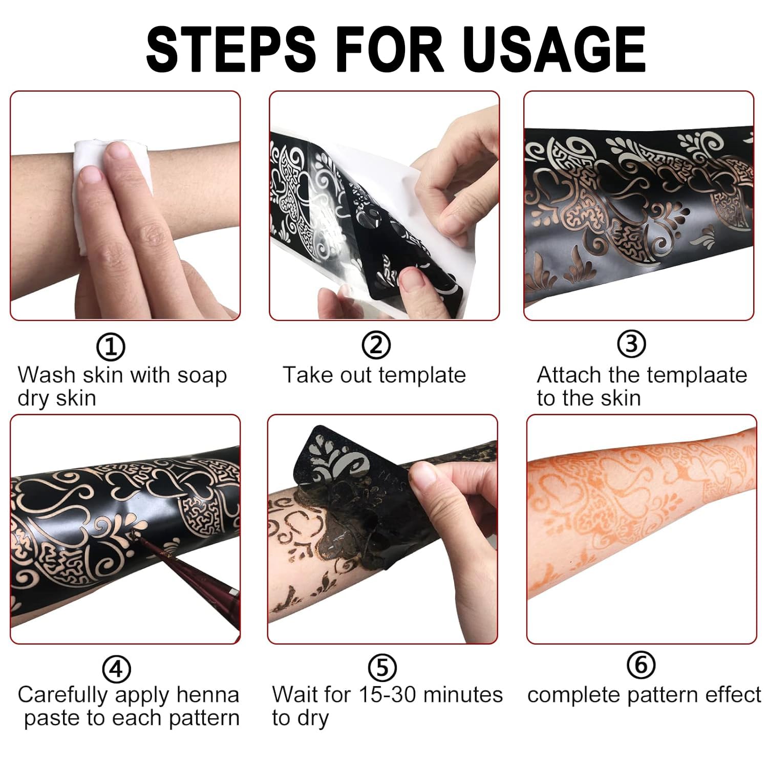 12 Sheets Henna Stencil Kit for Arm & Hand - Temporary Indian & Arabian Tattoo Designs with Glitter - DIY Airbrush Tattoo Stickers for Parties, Weddings & Festivals