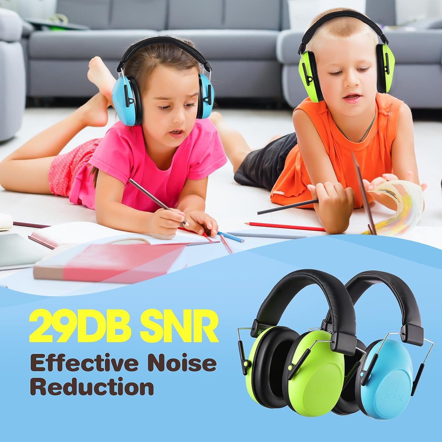 Mpow SNR 29dB Noise Cancelling Headphones for Kids - Comfortable Ear Muffs with Adjustable Headband, Perfect for Online Classes, Travel & Study (2 Pack)