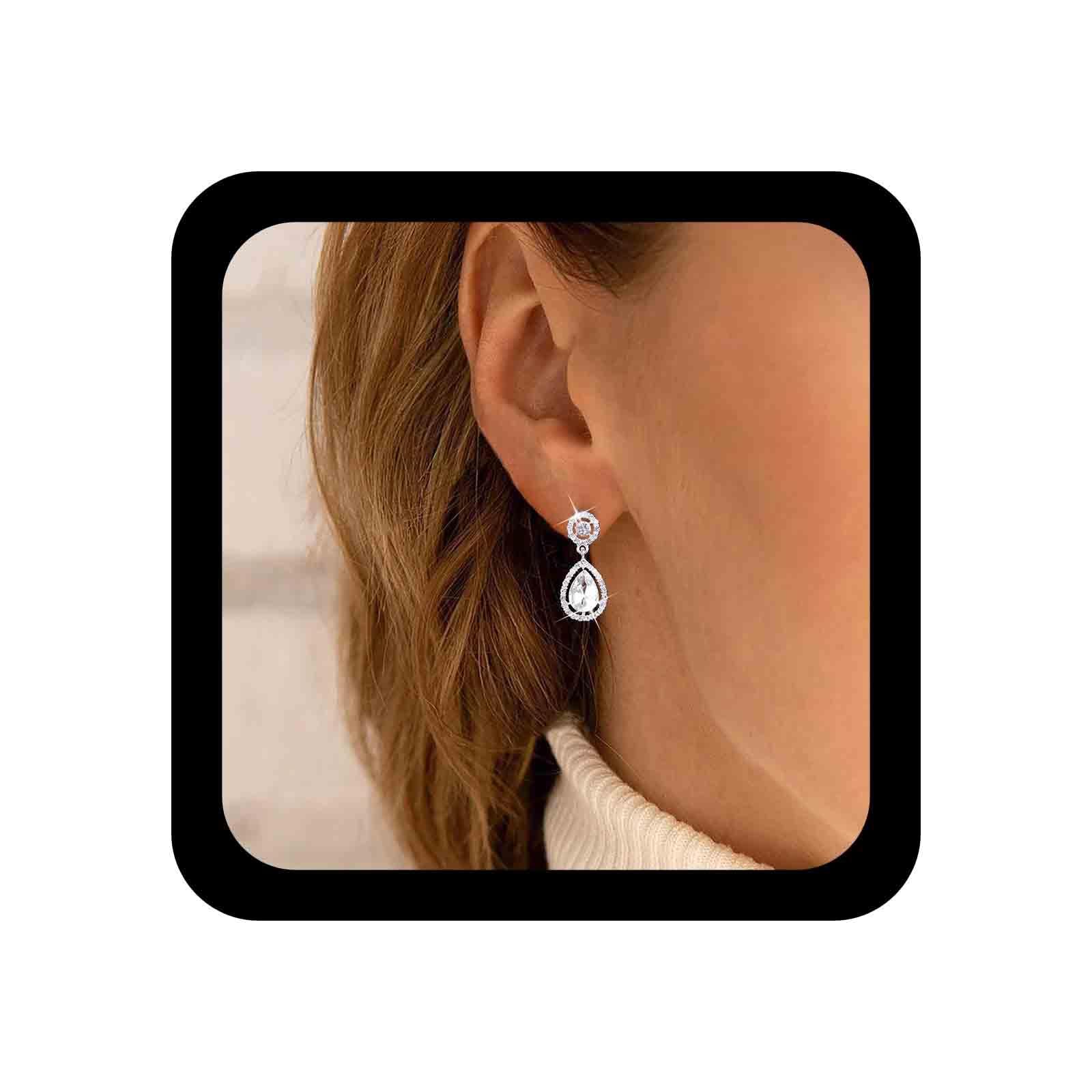 Boho Crystal Rhinestone Earrings for Women – Silver Waterdrop Dangle Earrings with Vintage Gemstone & Sparkly CZ Paved Circle Studs | Elegant Jewelry Gift for Girls, Party, Wedding & Daily Wear
