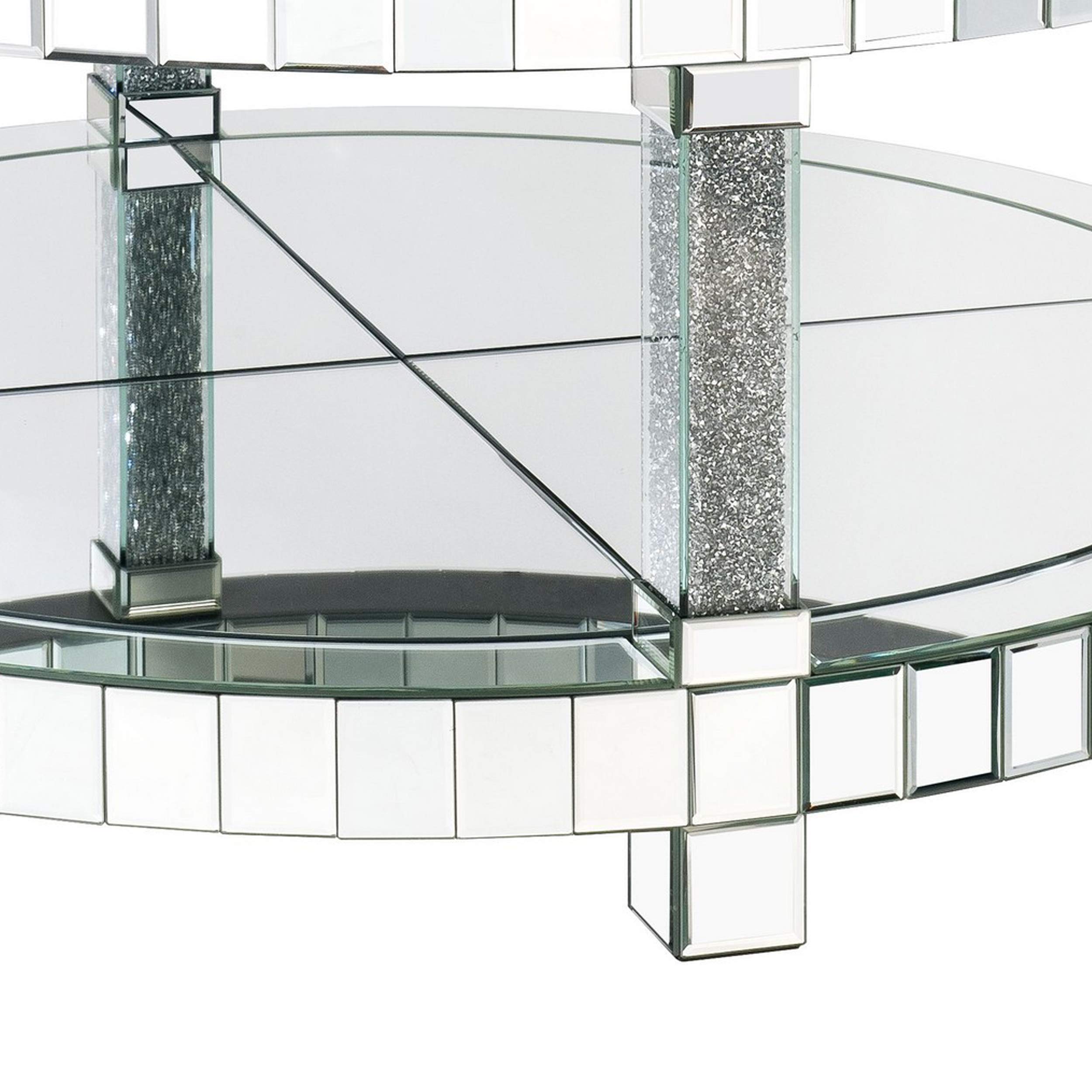 Benjara Silver Round Mirrored Coffee Table with Faux Diamond Accents and Bottom Storage Shelf - Perfect for Living Room, Lounge & Modern Home Decor
