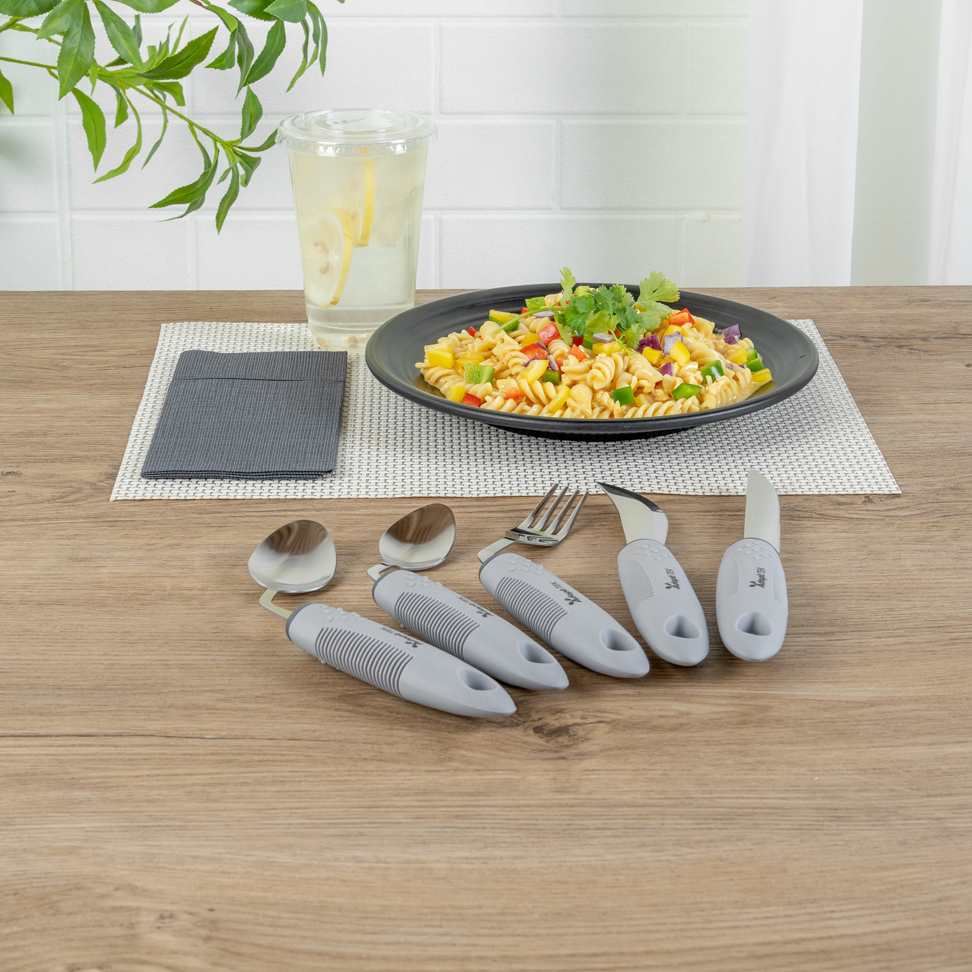 Adapt Tek Gray Stainless Steel 5-Piece Adaptive Offset Utensil Set for Left-Handed Users - Lightweight, Non-Slip Grip - Perfect for Arthritis & Limited Mobility - Kitchen & Dining Essentials (1 Count)