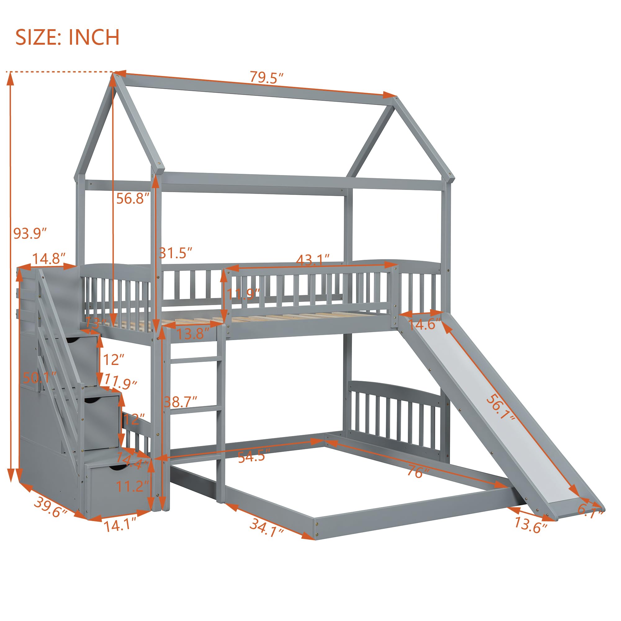 Solid Wood Twin Over Twin Bunk Bed with Slide - Kids Loft Bed with Storage Staircase, Roof & Guardrails - Easy Assembly House Bed for Boys, Girls & Teens (Gray) - Perfect for Small Bedrooms, Playrooms & Sleepovers