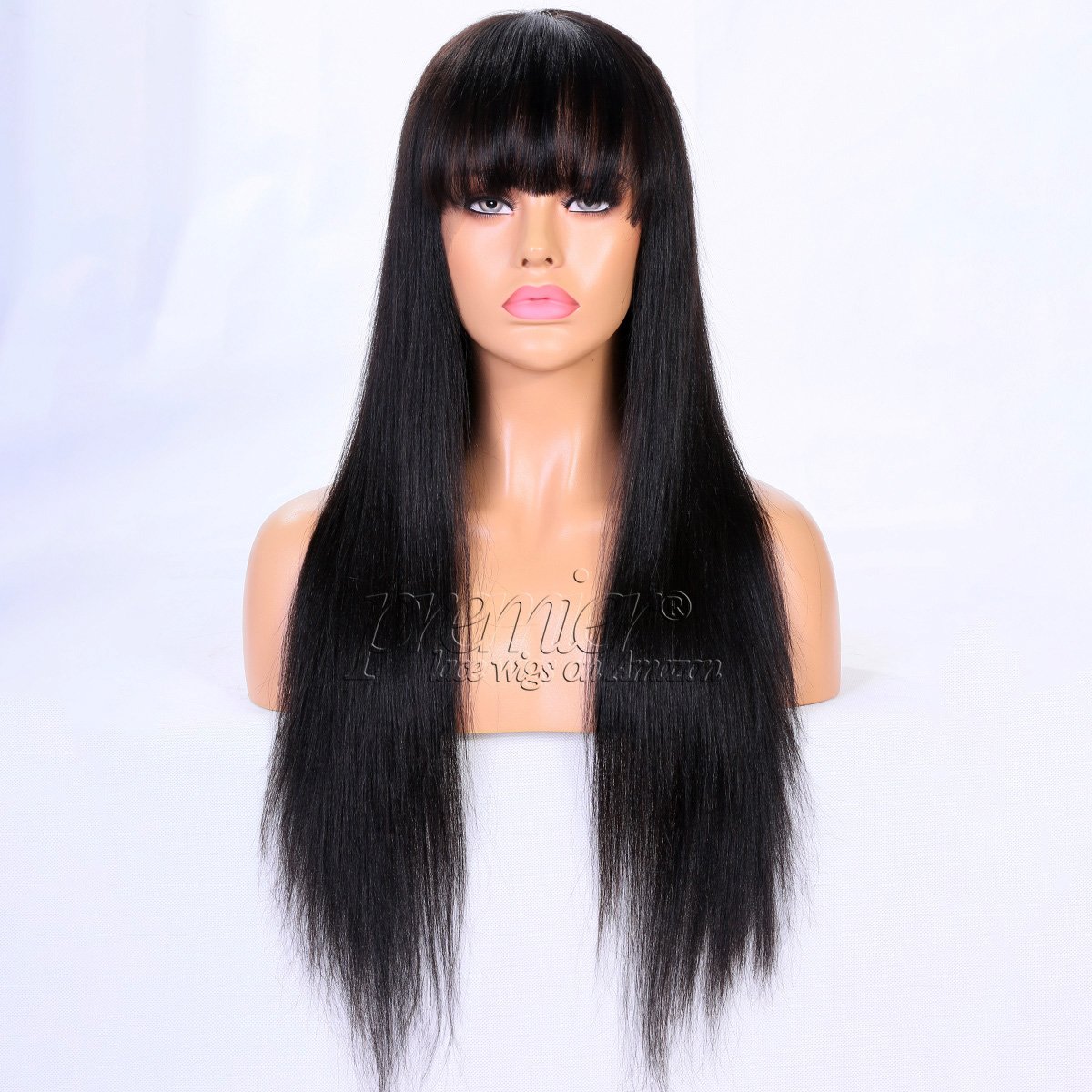 Premium 360 Full Lace Human Hair Wig with Bangs - Light Yaki Straight Brazilian Remy Hair - 150% Density 20 Inch Lace Front Wig for Black Women - High Ponytail & Natural Look - Perfect for Daily Wear, Parties, and Special Occasions