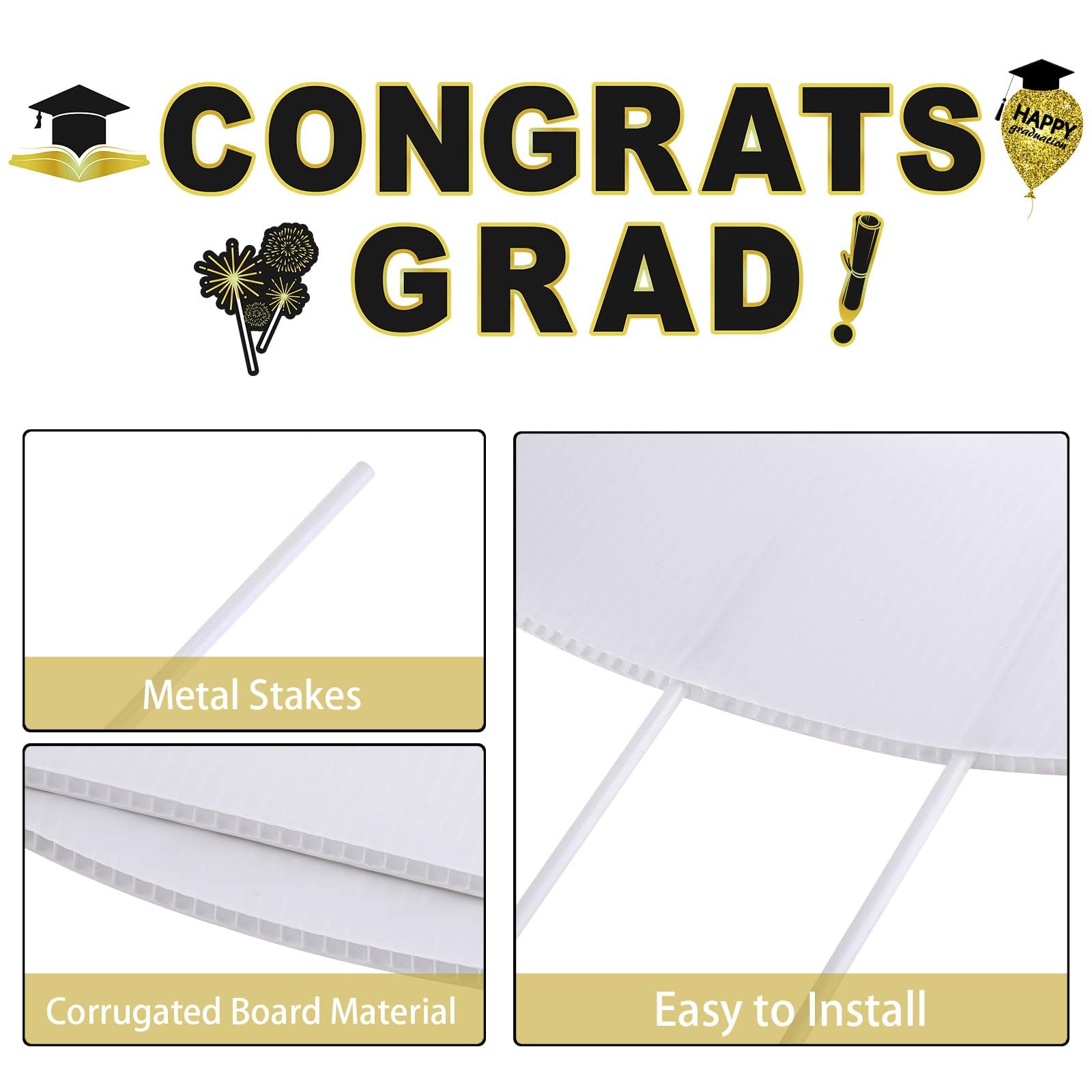 RUODON 2025 Graduation Yard Signs - Waterproof Lawn Decorations with Stakes for Outdoor Graduation Party | Congrats Grad Decor in Black & Gold | Perfect for Backyard Celebrations, School Events & Photo Backdrops