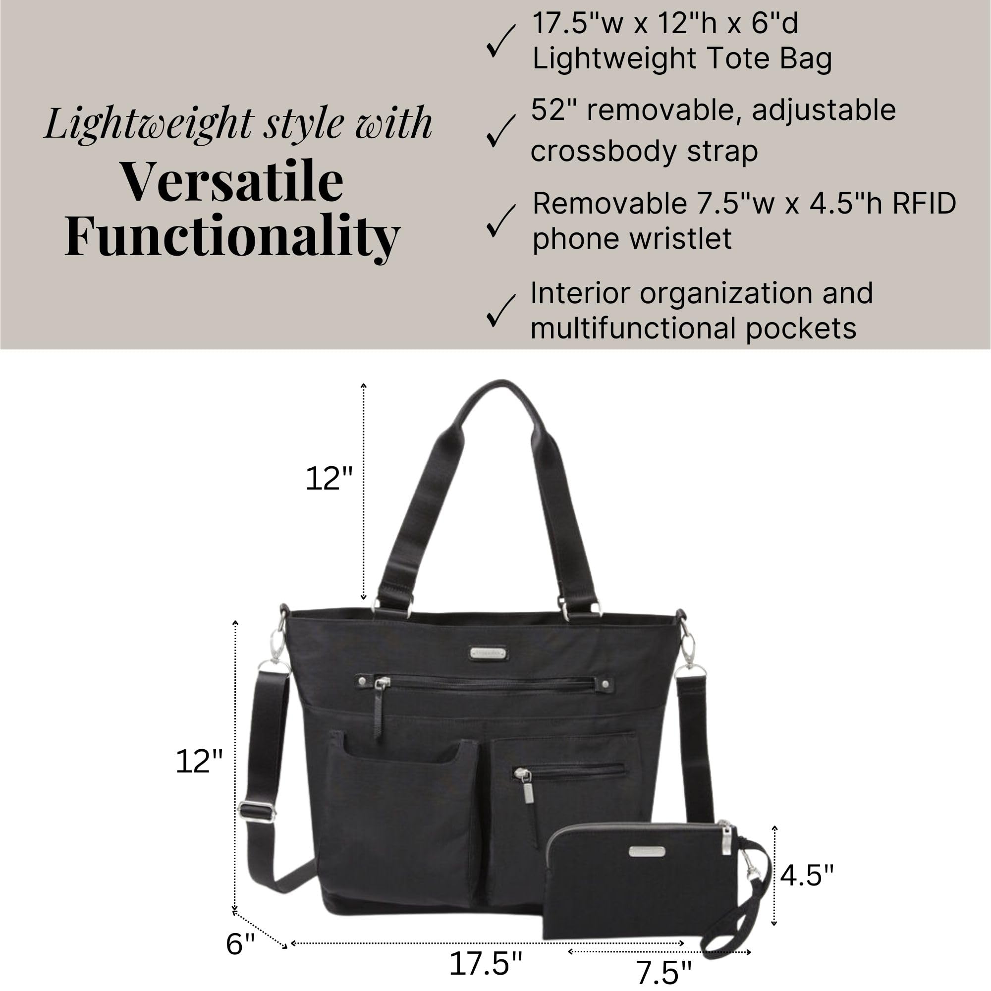 Baggallini RFID Blocking Any Day Tote Bag with Detachable Phone Wristlet - Perfect for Travel, Work & Everyday Use