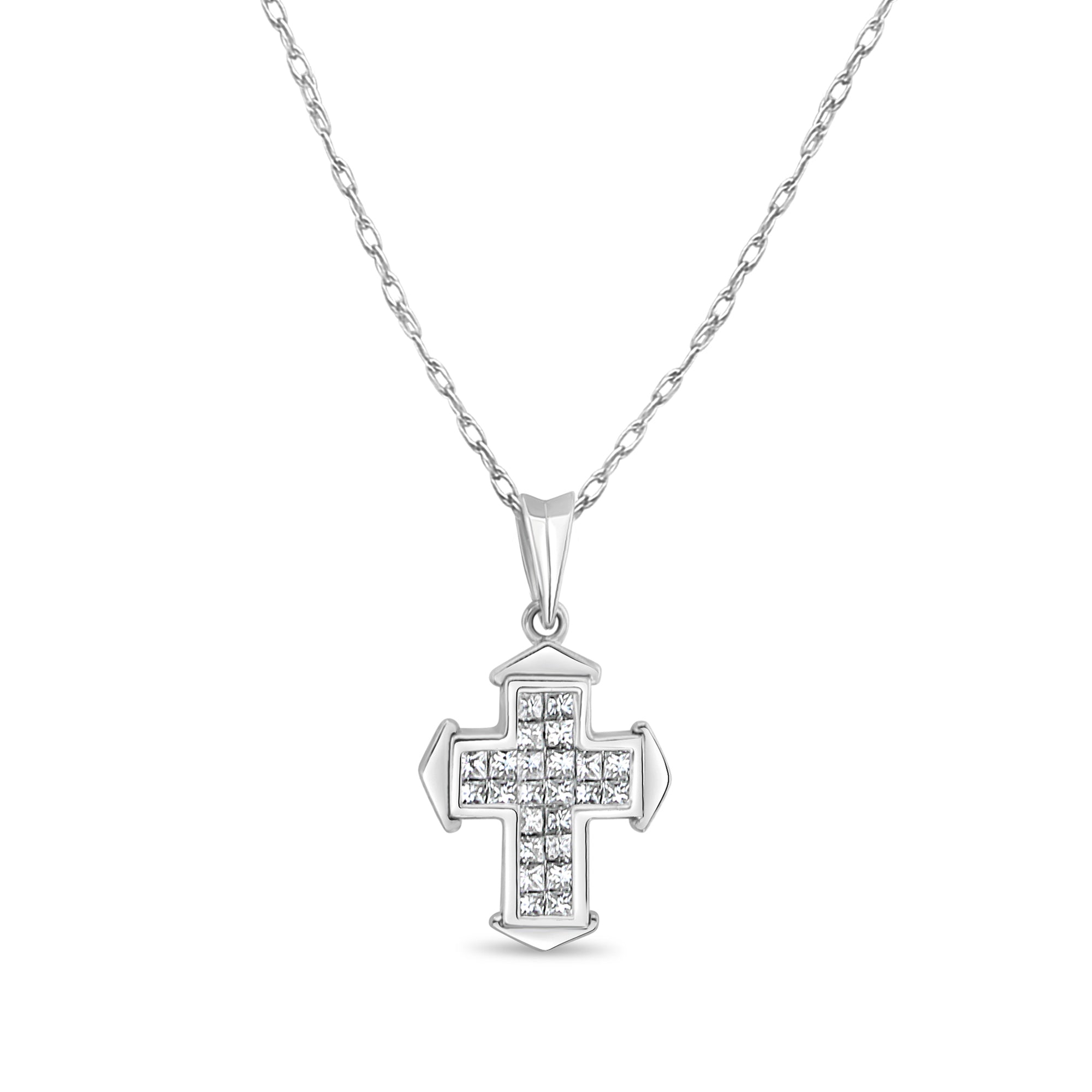 0.55cttw Princess Cut Diamond Cross Necklace in 14k White Gold - Elegant Four Pointed Arrow Design for Women, Perfect for Weddings, Anniversaries & Gift Giving