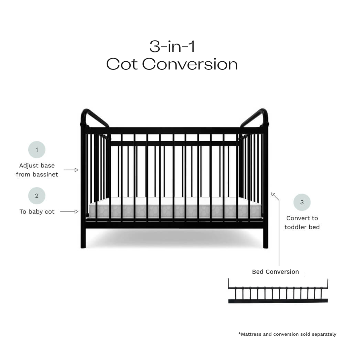 Sonata Cot Bed Frame - Black Metal Platform Bed with Wooden Slats - Perfect for Guest Rooms, Kids' Rooms & Small Spaces
