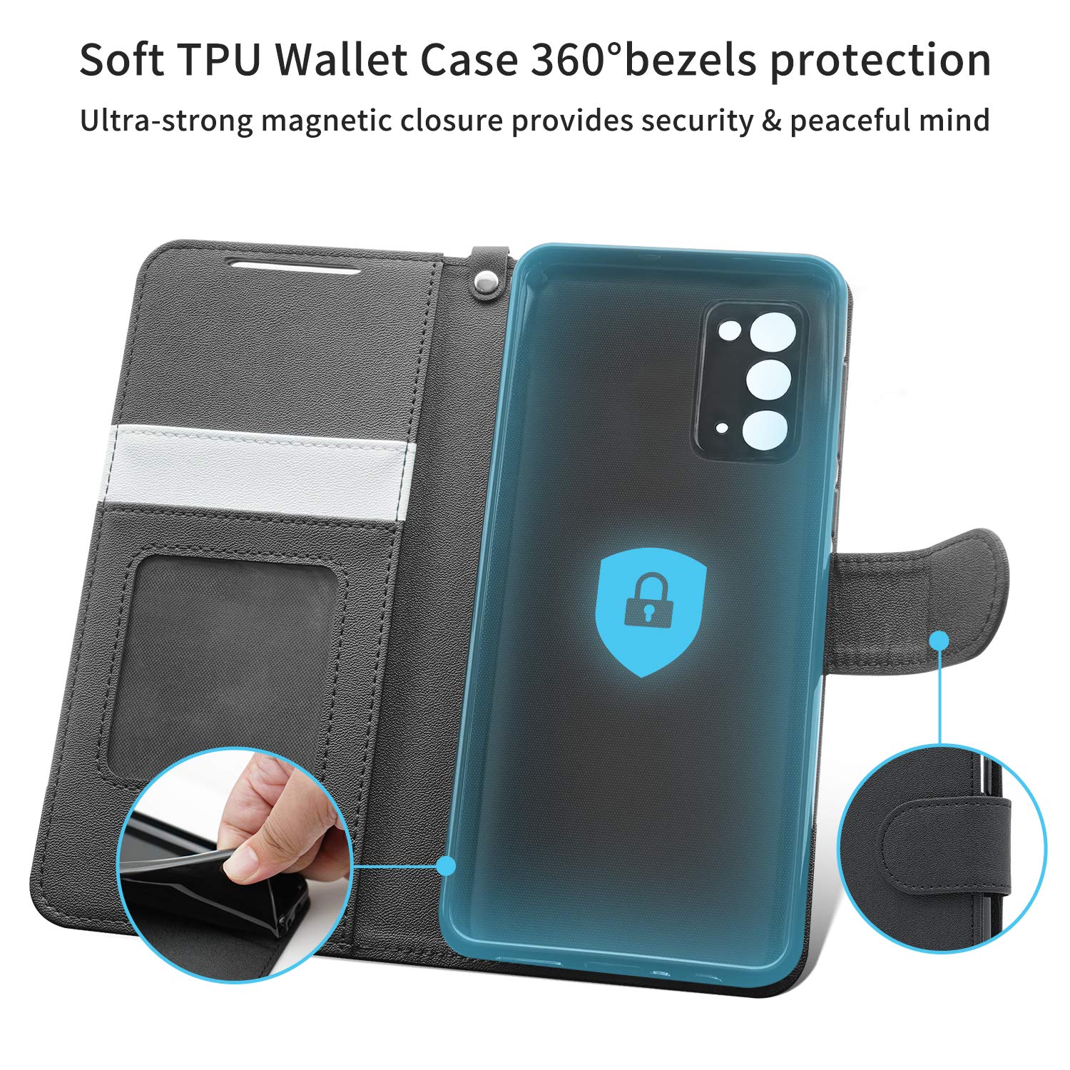 Samsung Galaxy Note 20 Case - PU Leather Wallet Case with Card Holder & Wrist Strap | Shockproof Protective Cover for Note 20 5G | Perfect for Business Travel & Daily Commute (Black)