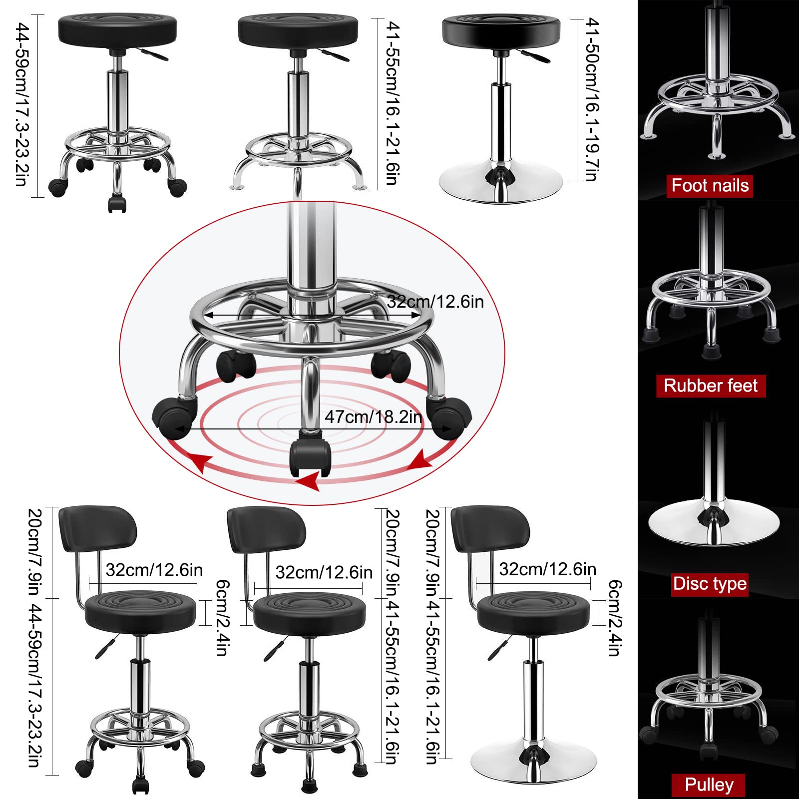 Adjustable Height Round Rolling Swivel Stool with Backrest - Heavy Duty Hydraulic Metal Bar Stool with Footrest & 5 Wheels for Kitchen, Salon, Office, Massage (Black Backrest) - Perfect for Home Bars, Hair Salons & Workstations