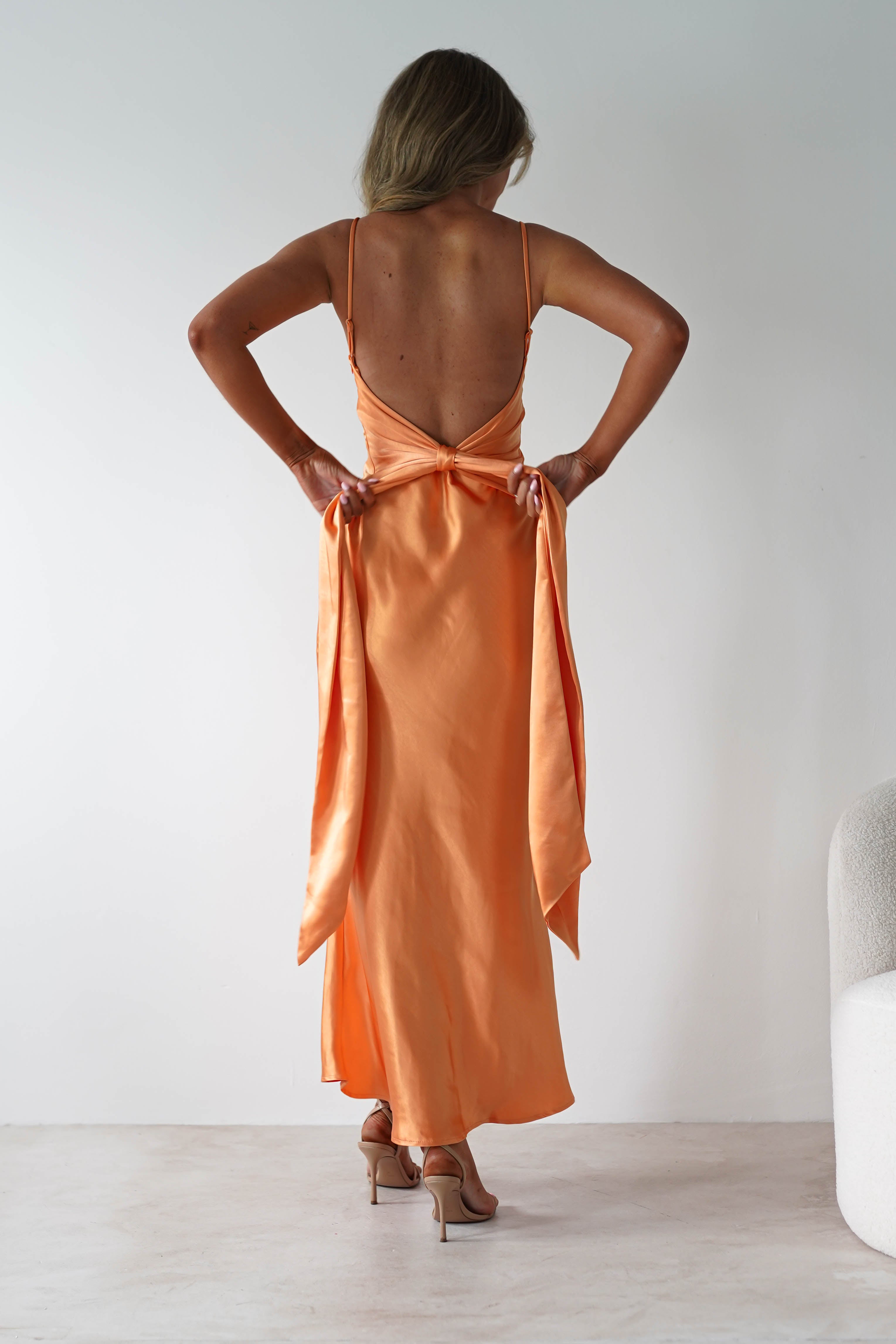 Hermie Women's Silky Satin Maxi Dress - Flowy Long Evening Gown with V-Neck & Slit | Orange | Perfect for Parties, Weddings & Special Occasions