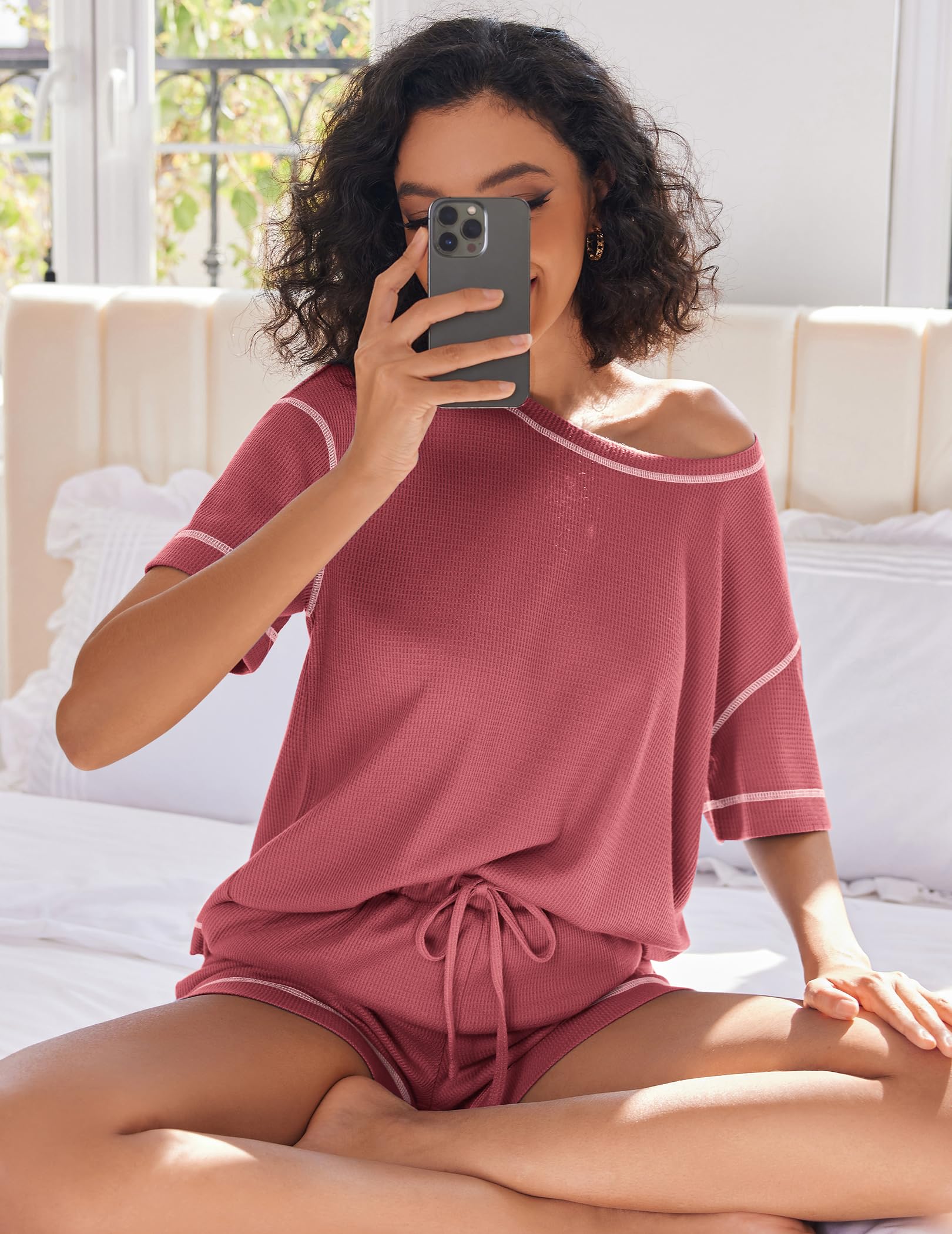 Ekouaer Women's Waffle Knit Pajama Set - 2 Piece Comfortable Lounge Wear with Pockets | Soft Sleepwear & Cozy Loungewear for Relaxing at Home, Sleepovers & Vacation