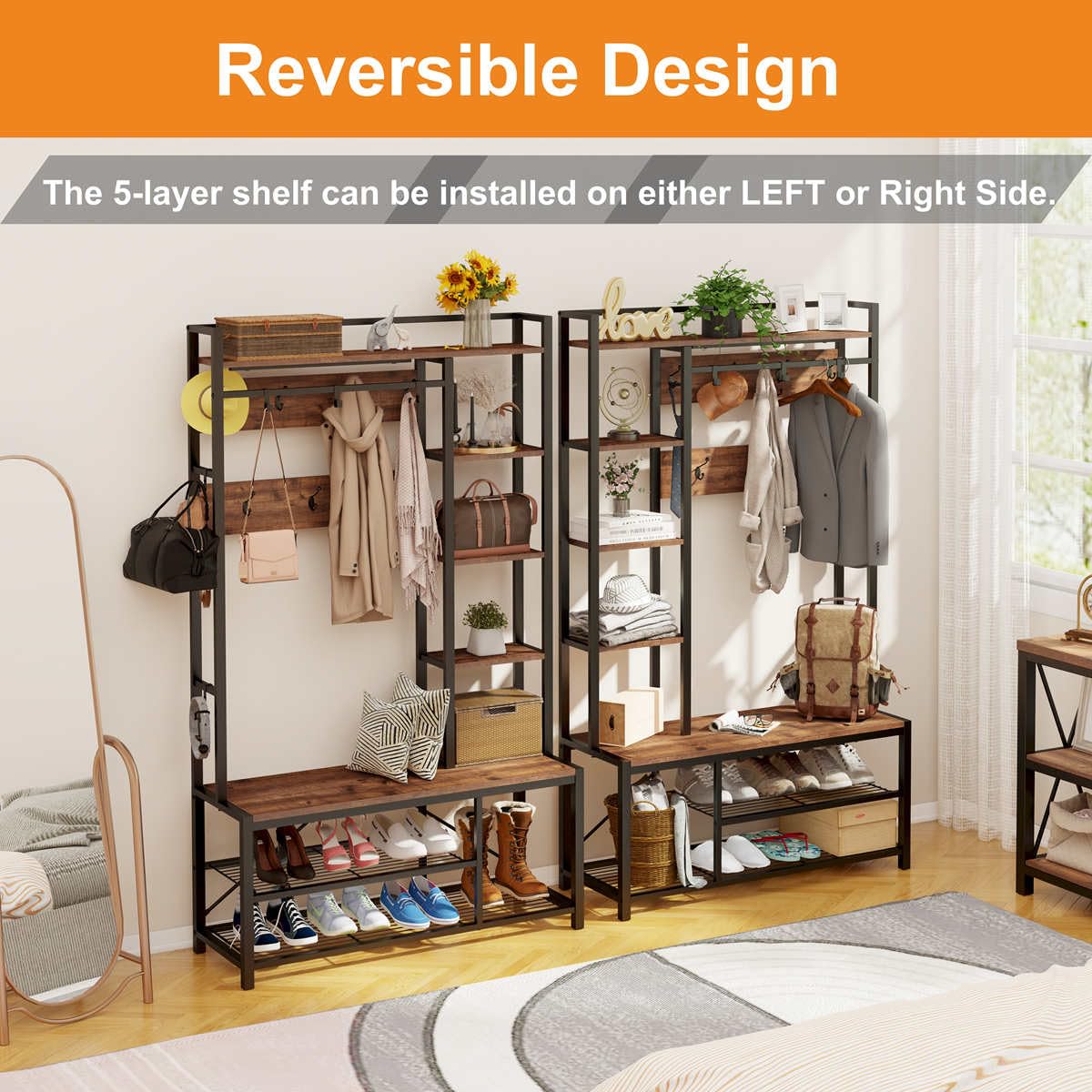 BON AUGURE 5-in-1 Reversible Hall Tree with Shoe Storage & Coat Hooks - Rustic Oak Wood and Metal Entryway Bench with Shelves for Hallway, Mudroom, Foyer - Perfect for Organizing Coats, Shoes, and Accessories in Small Spaces