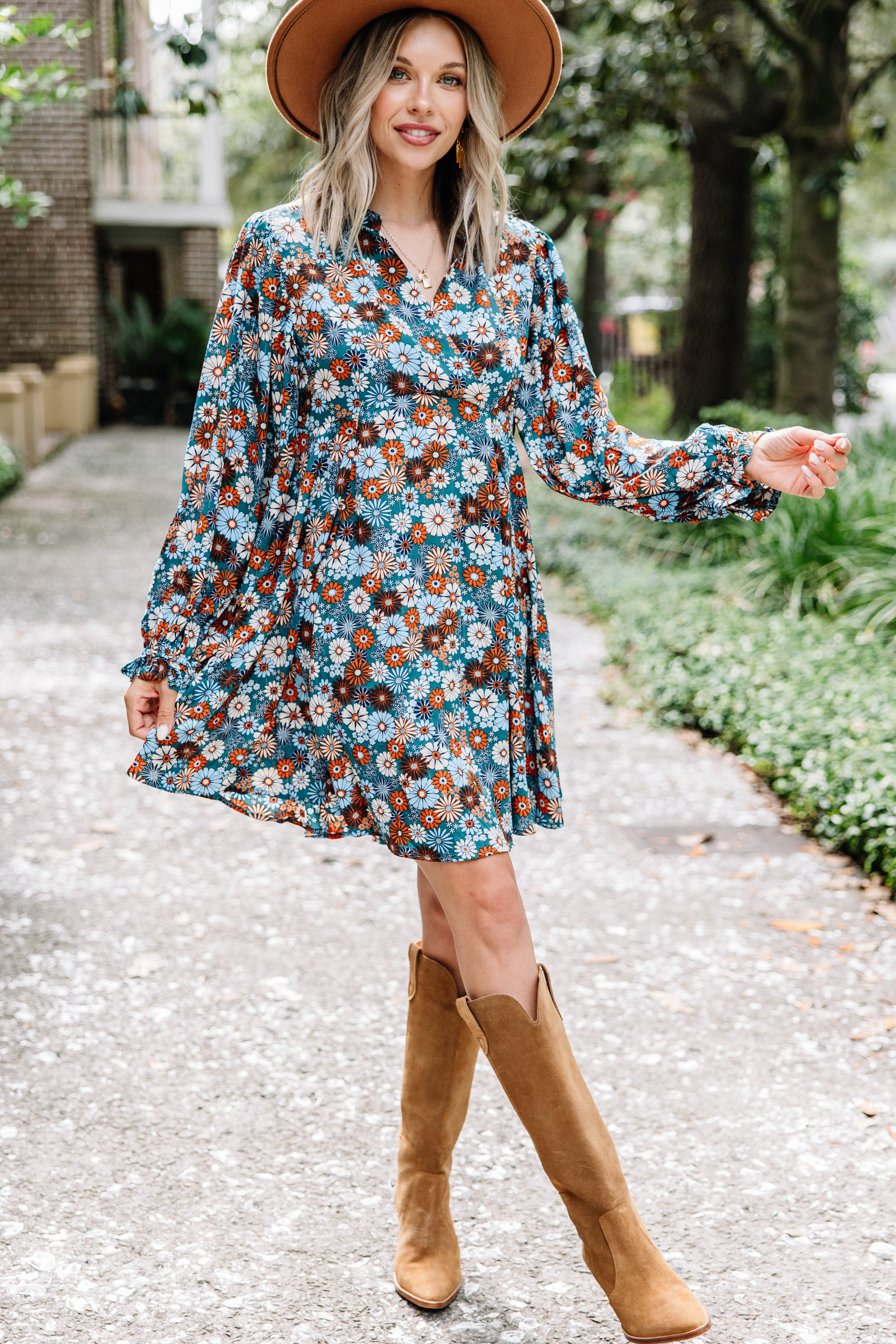 Teal Blue Floral Babydoll Dress for Women - Summer Boho Mini Dress with Short Sleeves - Perfect for Beach Vacations, Date Nights & Music Festivals