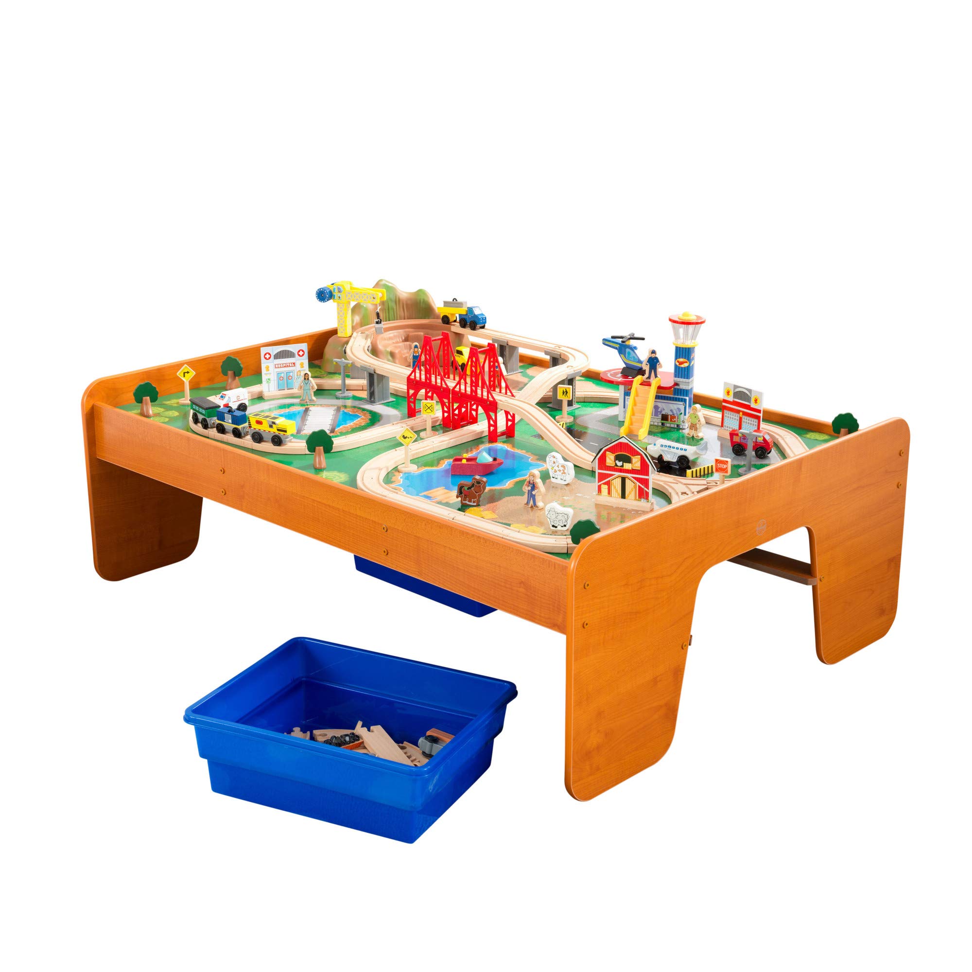 KidKraft Ride Around Town Wooden Train Set with Table - 100-Piece Playset Includes Helicopter, Airplane & Farm Accessories - Storage Bins & Major Brand Compatibility - Perfect for Preschool Playrooms & Toddler Birthday Gifts (Honey Finish)