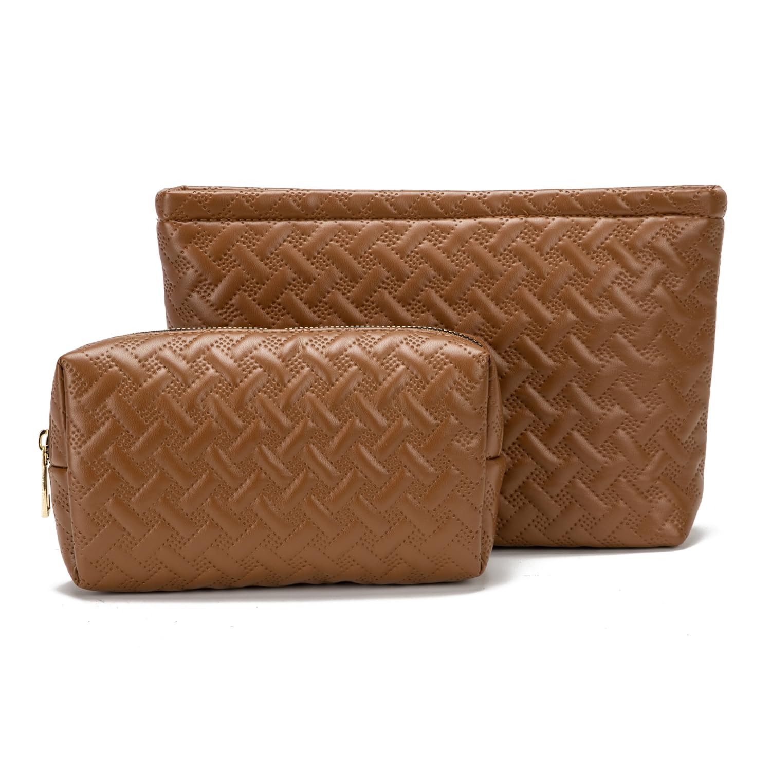 2 Pack Vegan Leather Makeup Bag for Women - Waterproof Travel Cosmetic & Toiletry Organizer with Brush Holder - Perfect for Purse, Gym, Vacation Essentials (Brown)
