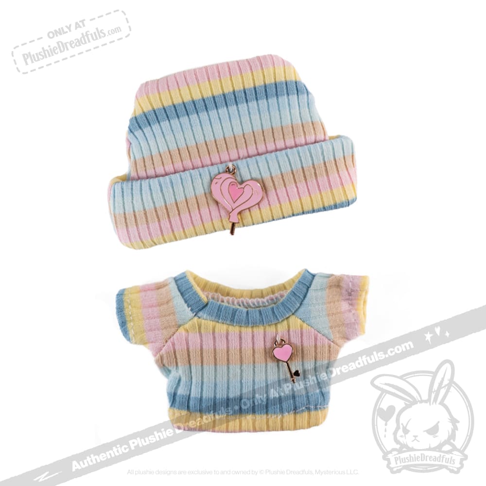 Adorable Mini Plush Outfit - Striped Knit Sweater & Matching Beanie Set for Stuffed Animals | Perfect for Dolls, Teddy Bears & Plush Toys (Great Gift for Kids & Collectors)