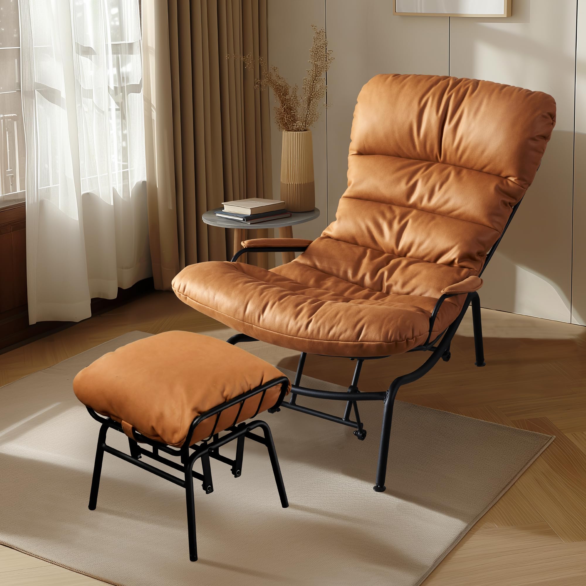 Comfy Faux Leather Lounge Chaise Chair with Ottoman - Cozy Rocking Accent Chair for Adults with Arm Cushion - Perfect Reading Book Chair & Glider Ottoman Set for Bedroom, Living Room - Relaxing Brown Leather-Like Furniture for Home Decor & Small Spaces