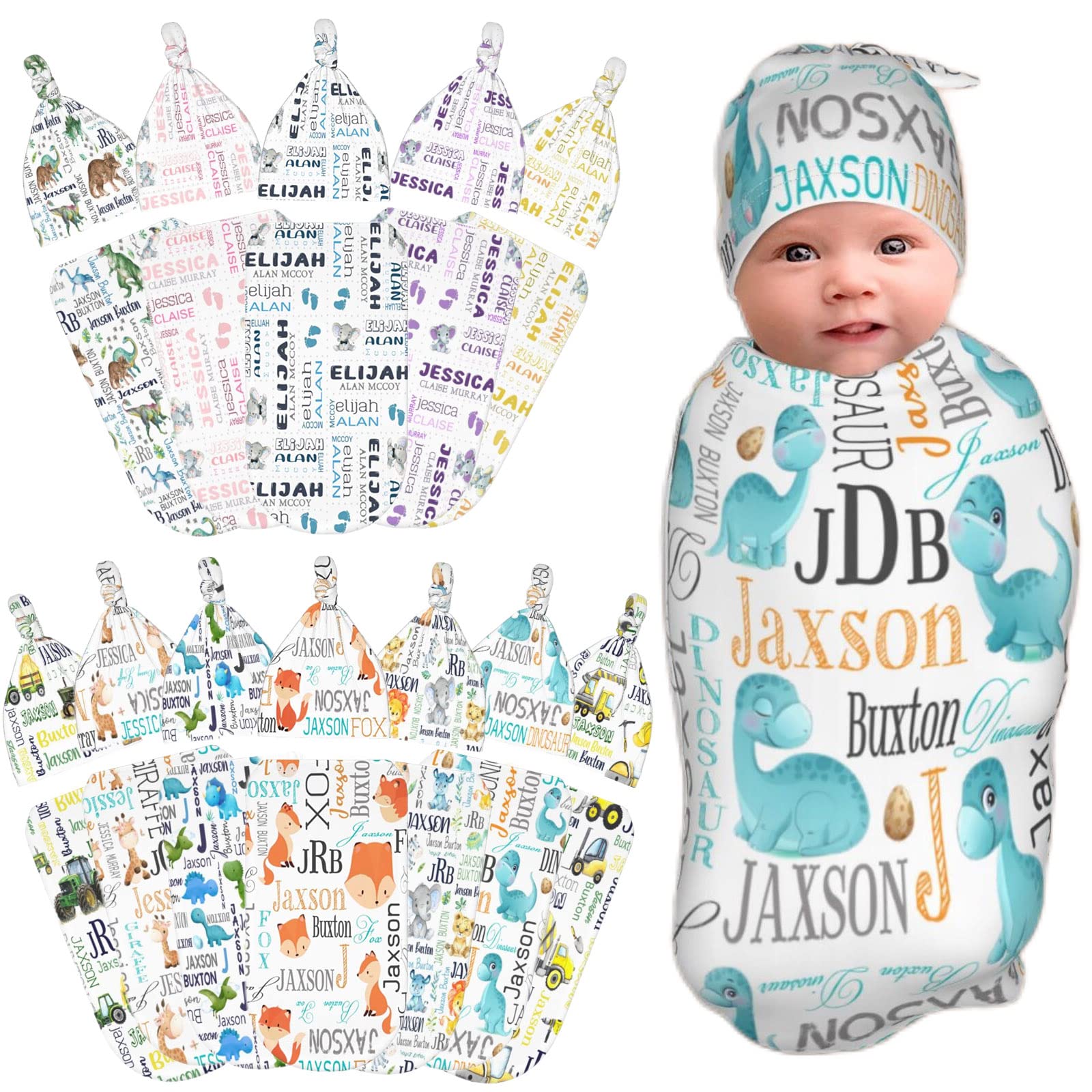 Personalized Baby Swaddle Blanket and Hat Set with Name - Cute Dinosaur Design for Newborn Boys & Girls - Perfect Baby Shower Gift, Photo Prop, and Nursery Essentials