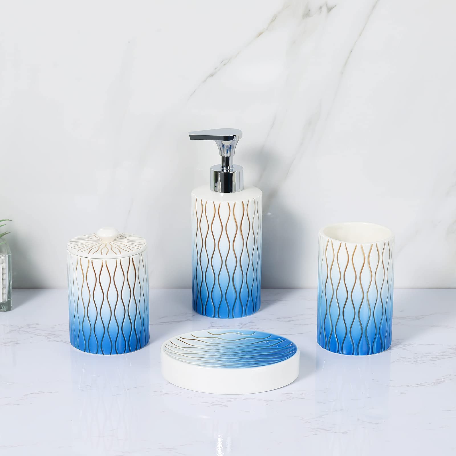 Navy Blue Ceramic Bathroom Accessories Set - 4 Piece Hand-Carved Boho Decor with Toothbrush Holder & Soap Dispenser | Modern Apartment Essentials for Bathroom Organization & Stylish Home Decor