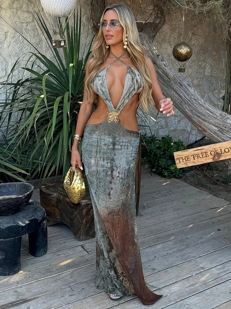Sexy Deep V Neck Halter Maxi Dress for Women - Floral Print Hollow Out Sleeveless Backless Long Gown | Perfect for Beach Vacation, Summer Party & Evening Events