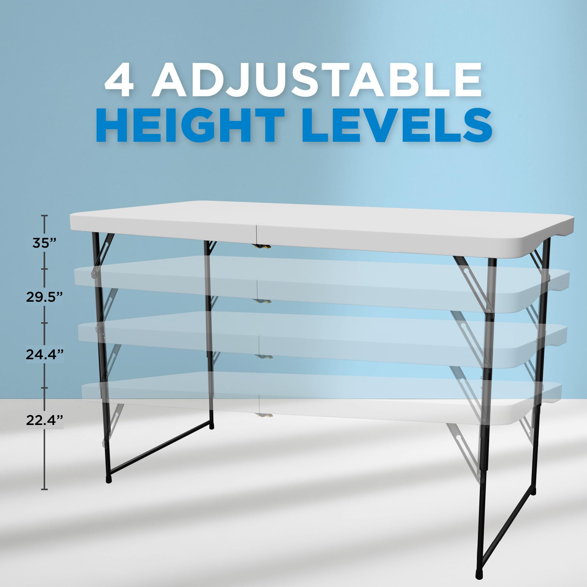 Sorfey 4-Foot Folding Table 24 Inch Wide - Adjustable Height (4 Settings) White Plastic Portable Table for Camping, Picnics, Parties & Outdoor Events
