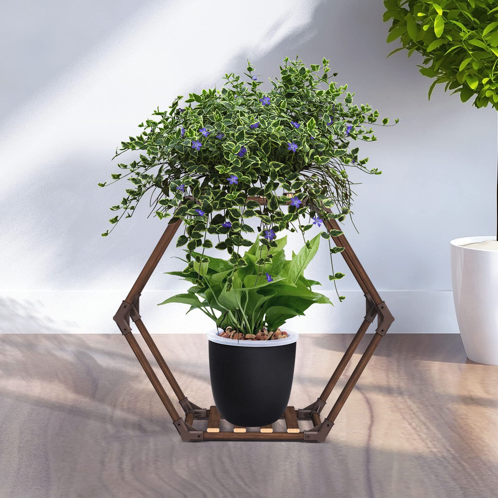SUZAMI 7-Tier Hexagonal Wooden Plant Stand Shelf for Indoor & Outdoor Use - Large Multi-Tier Plant Holder for Flowers, Succulents, DIY Garden Decor - Perfect for Living Room, Balcony, Corner, Patio