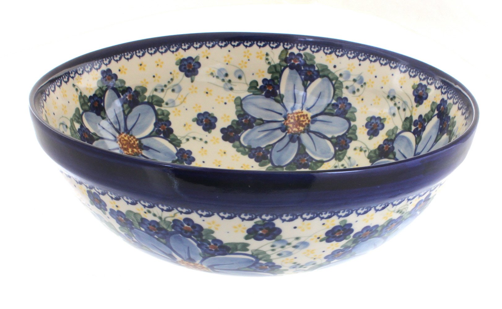 Handmade Blue Rose Polish Pottery Daisy Serving Bowl - Medium Size Ceramic Bowl for Soup, Salad, Pasta - Perfect for Dining, Entertaining & Gift Giving
