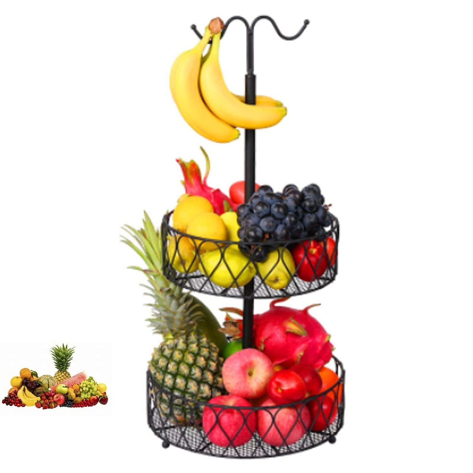 2-Tier Metal Fruit Basket with Banana Hanger - Kitchen Storage Organizer for Fruits, Vegetables & Eggs | Countertop, Pantry, Dining Table Decor