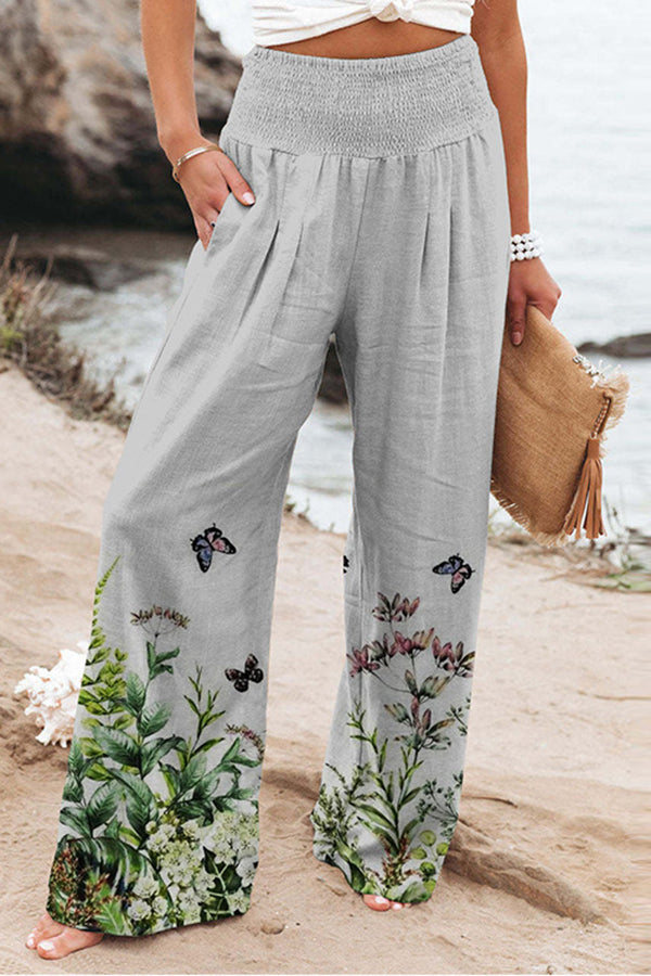 Finn Printed High Rise Smocked Waist Pocketed Wide Leg Pants for Women - Stylish Comfort Pants for Work, Travel & Casual Wear