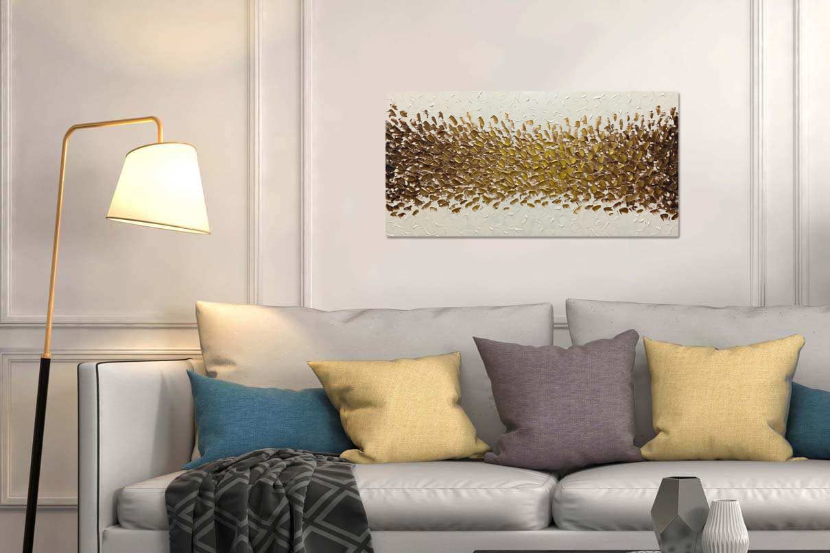 AZAVY 24x48 Inch Hand-Painted Gold Cream White Abstract Oil Painting - Textured Contemporary Wall Art - Stretched & Framed Canvas Ready to Hang - Perfect for Dining Room Decor, Living Room, Office & Modern Interior Design