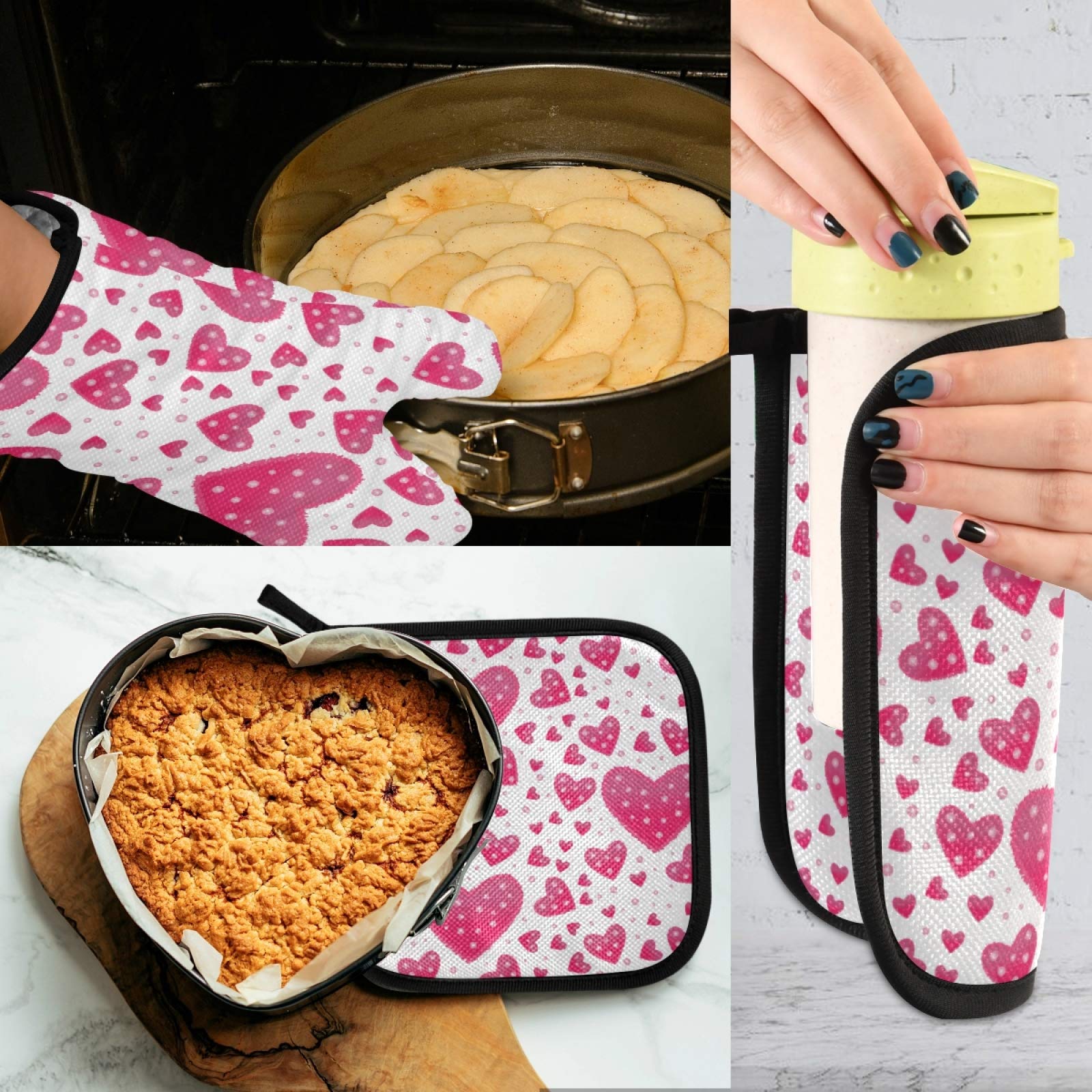 Valentine's Day Pink Oven Mitts and Pot Holders Set - Heat Resistant Kitchen Gloves with Heart Design for Baking, Cooking, BBQ - Perfect Gift for Mother's Day, Housewarming & Romantic Dinners
