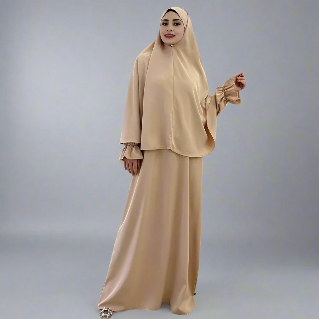 2-Piece Set Jilaba Solid Color Muslim Women's Dress - Modest Islamic Abaya for Middle East, Dubai & Turkish Clothing - Perfect for Prayer, Eid & Special Occasions