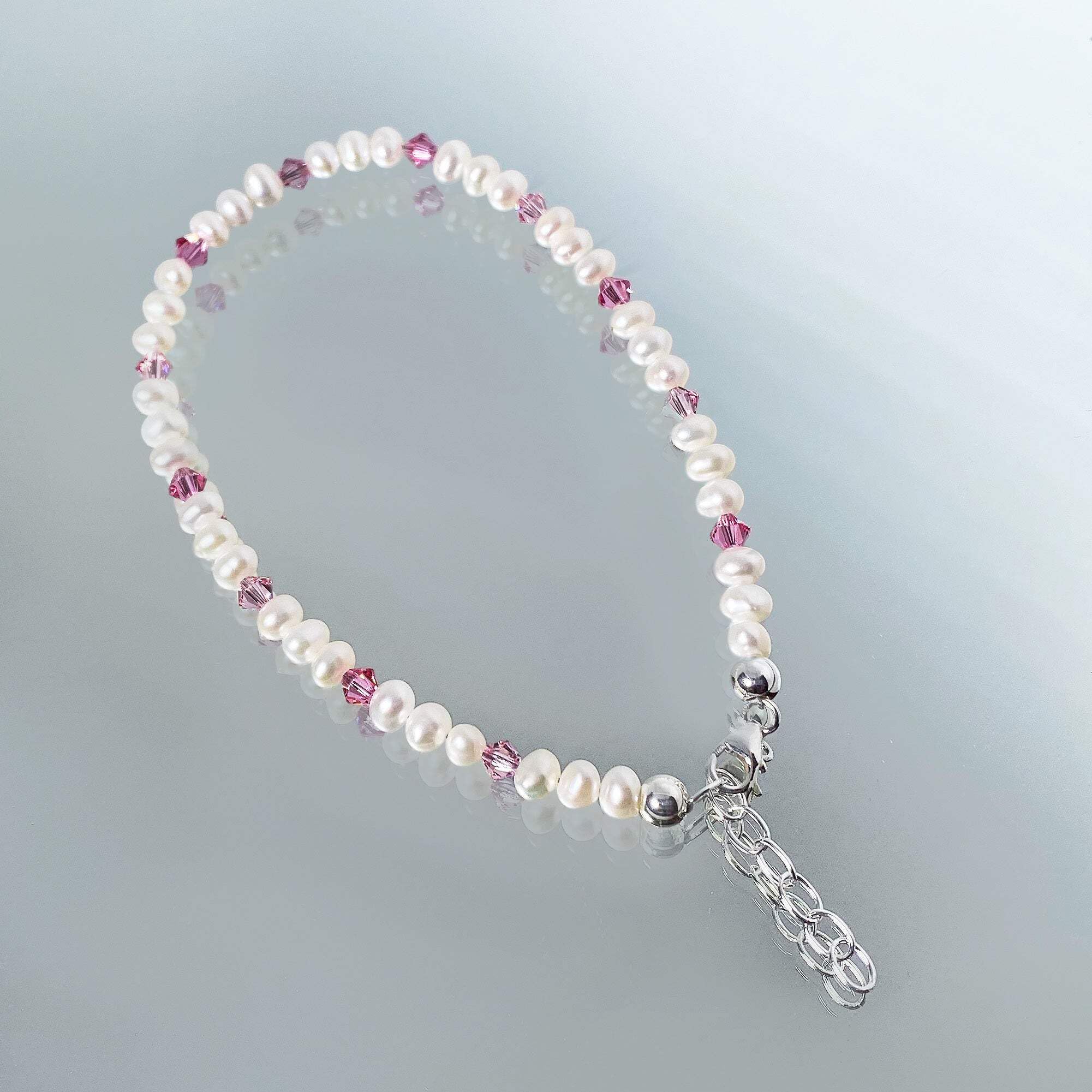 925 Silver Pearl Crystal Anklet 9-10