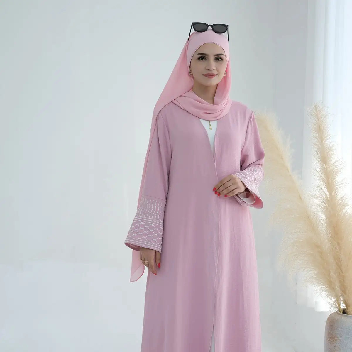 Elegant Muslim Women's Embroidered Open Abaya Dress with Sleeve - Modest Islamic Fashion for Prayer, Hijab Outfits & Special Occasions