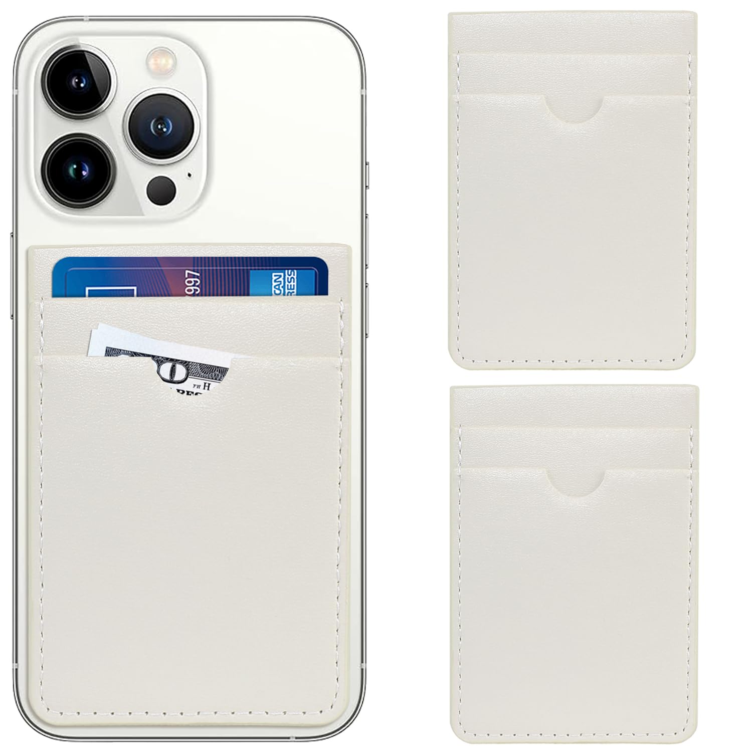 Premium Leather Stick-On Phone Wallet with Dual Card Pockets - Compatible with iPhone, Samsung Galaxy & Android Phones (2 Pack, Milky White) - Perfect for Hands-Free Shopping, Travel & Everyday Convenience