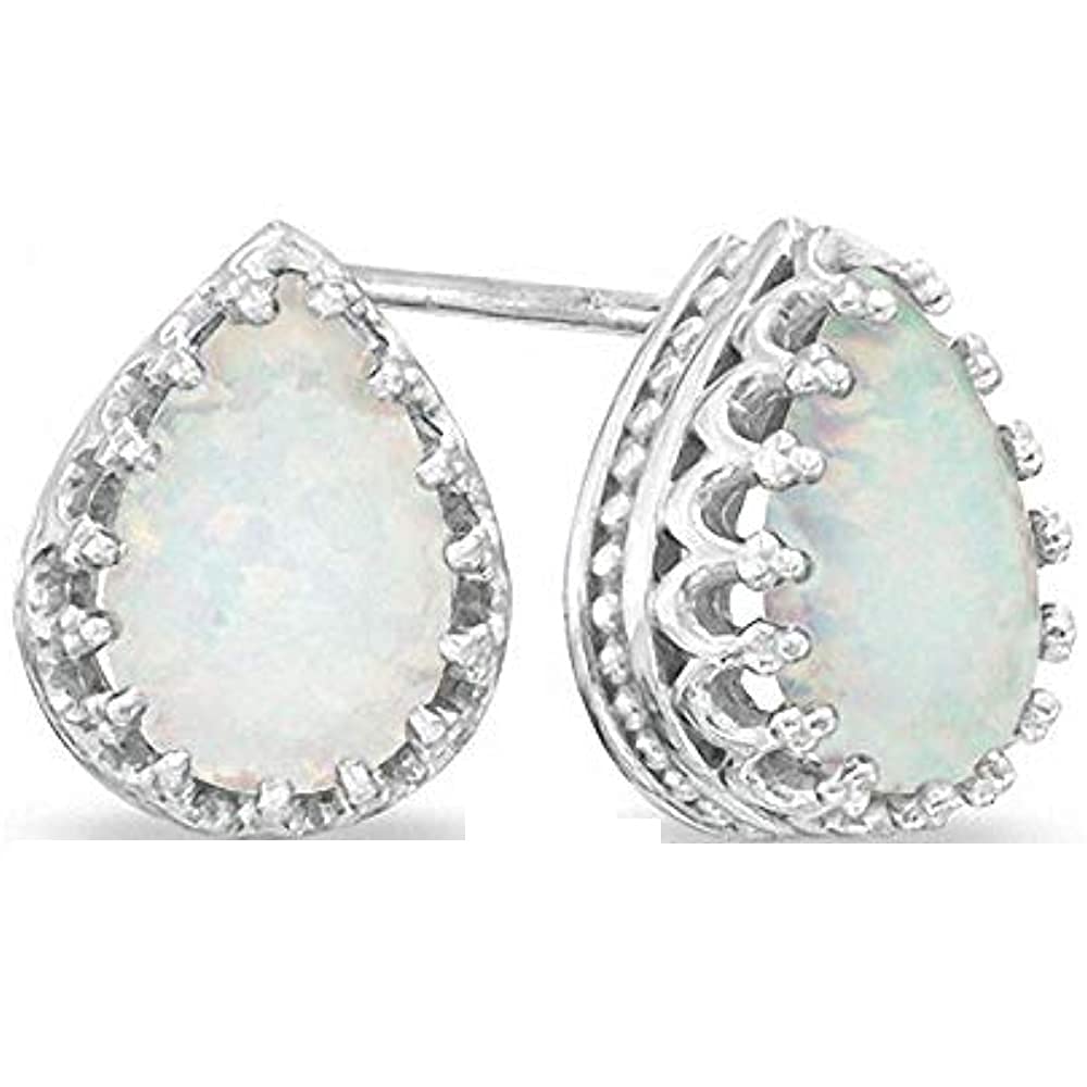 Pear Cut Created Opal Crown Stud Earrings for Women & Girls - 14k White Gold Plated 925 Sterling Silver - Perfect for Weddings, Parties & Everyday Elegance