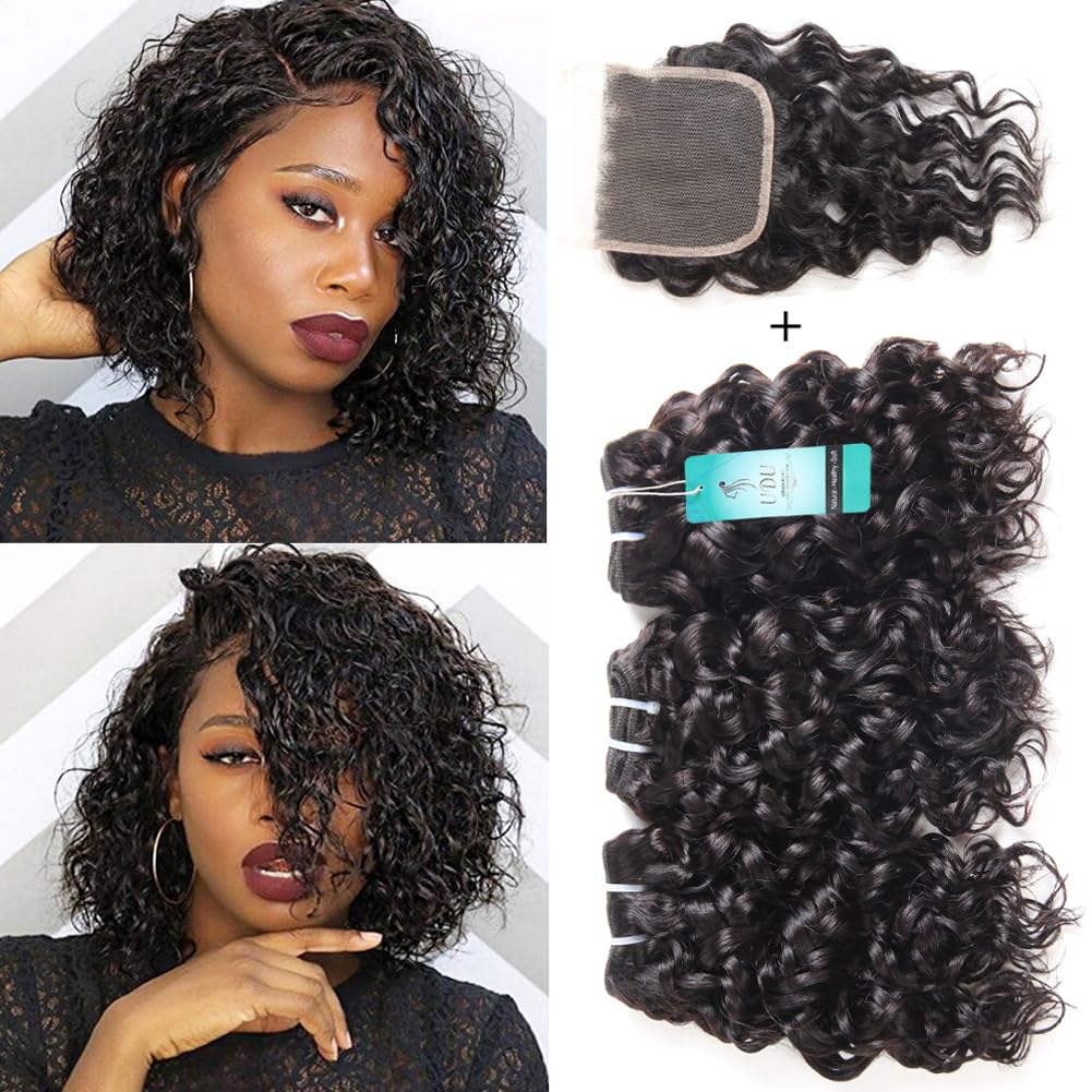 UDU 9A Brazilian Virgin Human Hair Bundles with Closure - Water Wave Curly Hair Extensions, 100% Natural Black, 50g/Bundle (8 8 8+8Closure) for Stunning Beach Waves & Everyday Glamorous Look