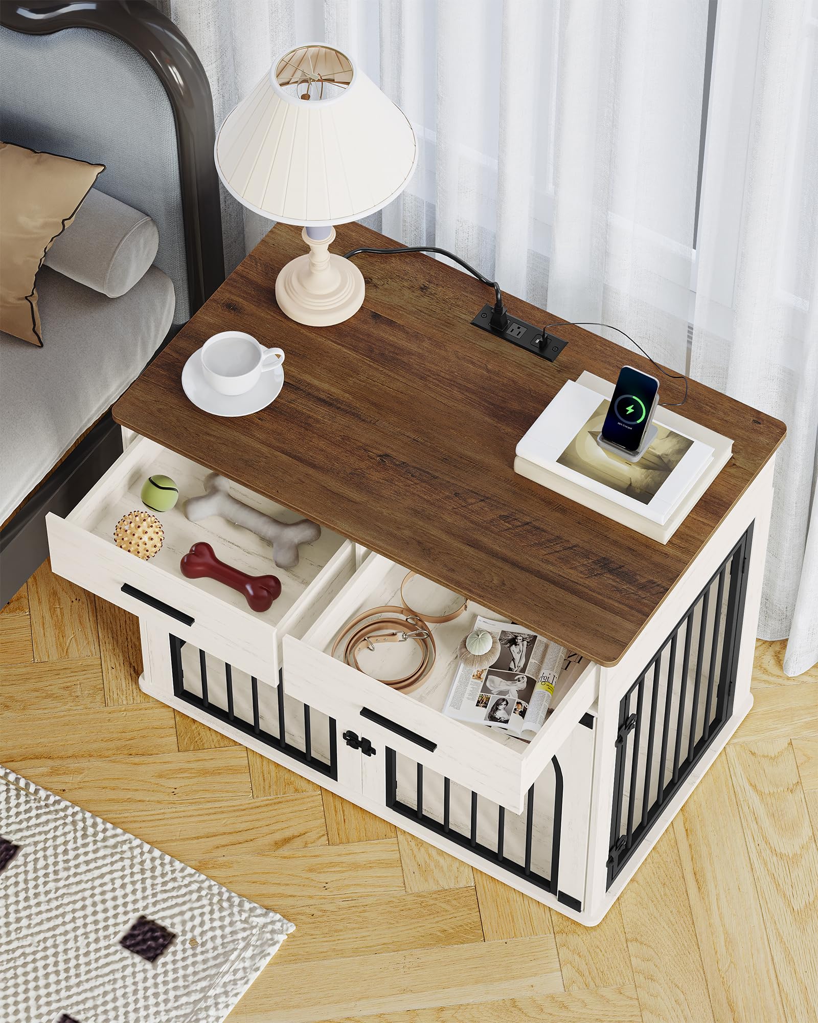 39.4'' Wooden Dog Crate Furniture with 2 Drawers & Charging Station - Indoor Dog Kennel Cage Side End Table for Medium/Large Dogs - White Brown DFC84214B - Perfect for Living Room, Bedroom & Home Office Decor