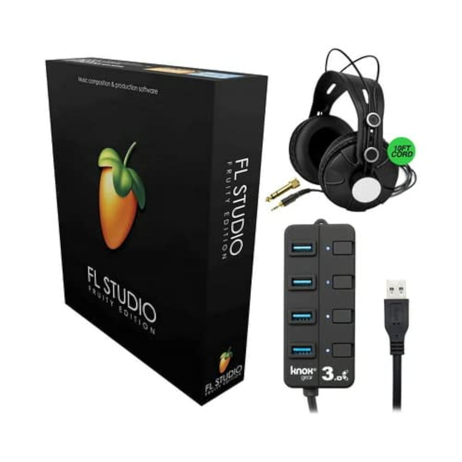 FL Studio 20 Fruity Edition Music Production Software Bundle with TX-100 Studio Headphones & 4-Port USB 3.0 Hub - Perfect for Home Recording, Podcasting & Beat Making (3-Piece Digital Audio Package)