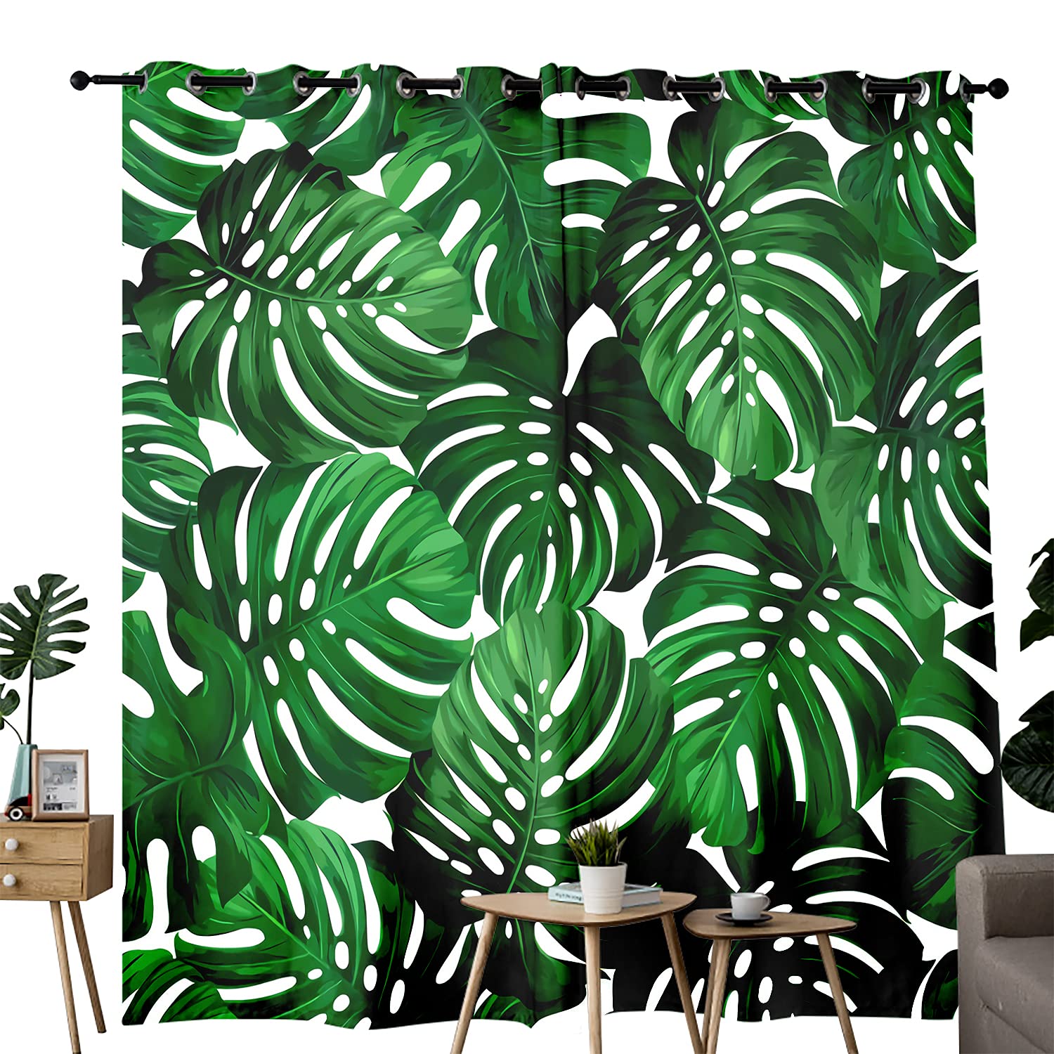 Tropical Palm Leaf Blackout Curtains - 2 Panels 42x62 Inch, Thermal Insulated Grommet Kitchen Window Drapes for Sun Protection & Privacy | Perfect for Beach House, Boho Bedroom & Tropical Home Decor