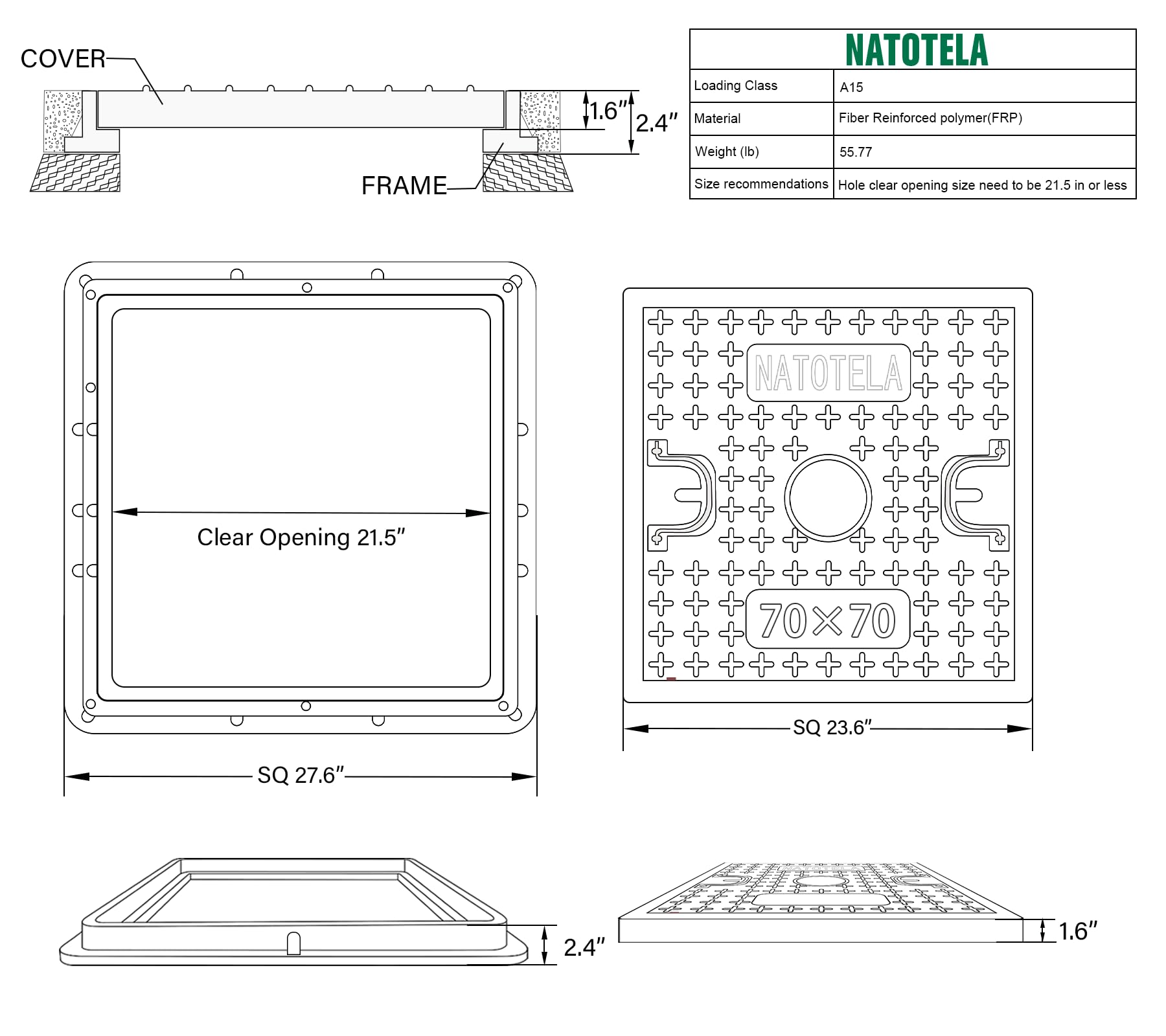 28x28in Fiberglass Square Manhole Cover and Frame - 24x24in Recessed Solid Top Cover with 21.5in Clear Opening - Non-Slip Reinforced Sewage Basin Cover with Handle for Septic Tanks - Ideal for Residential, Commercial, and Municipal Drainage Systems