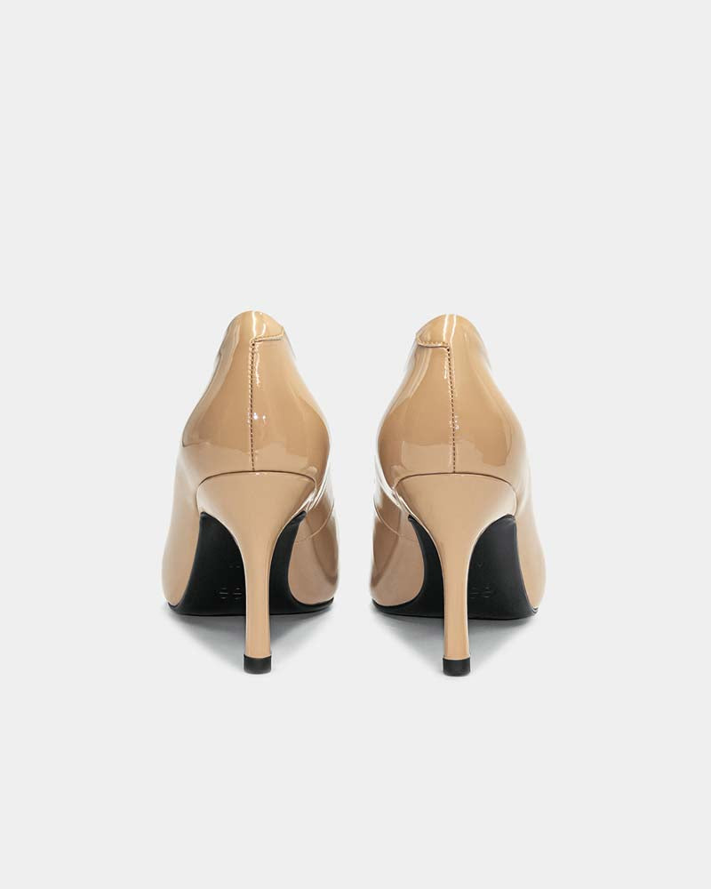Beige Patent Leather Classic Pumps with Gold Toe Cap - Elegant Women's Dress Shoes for Office, Wedding & Formal Events