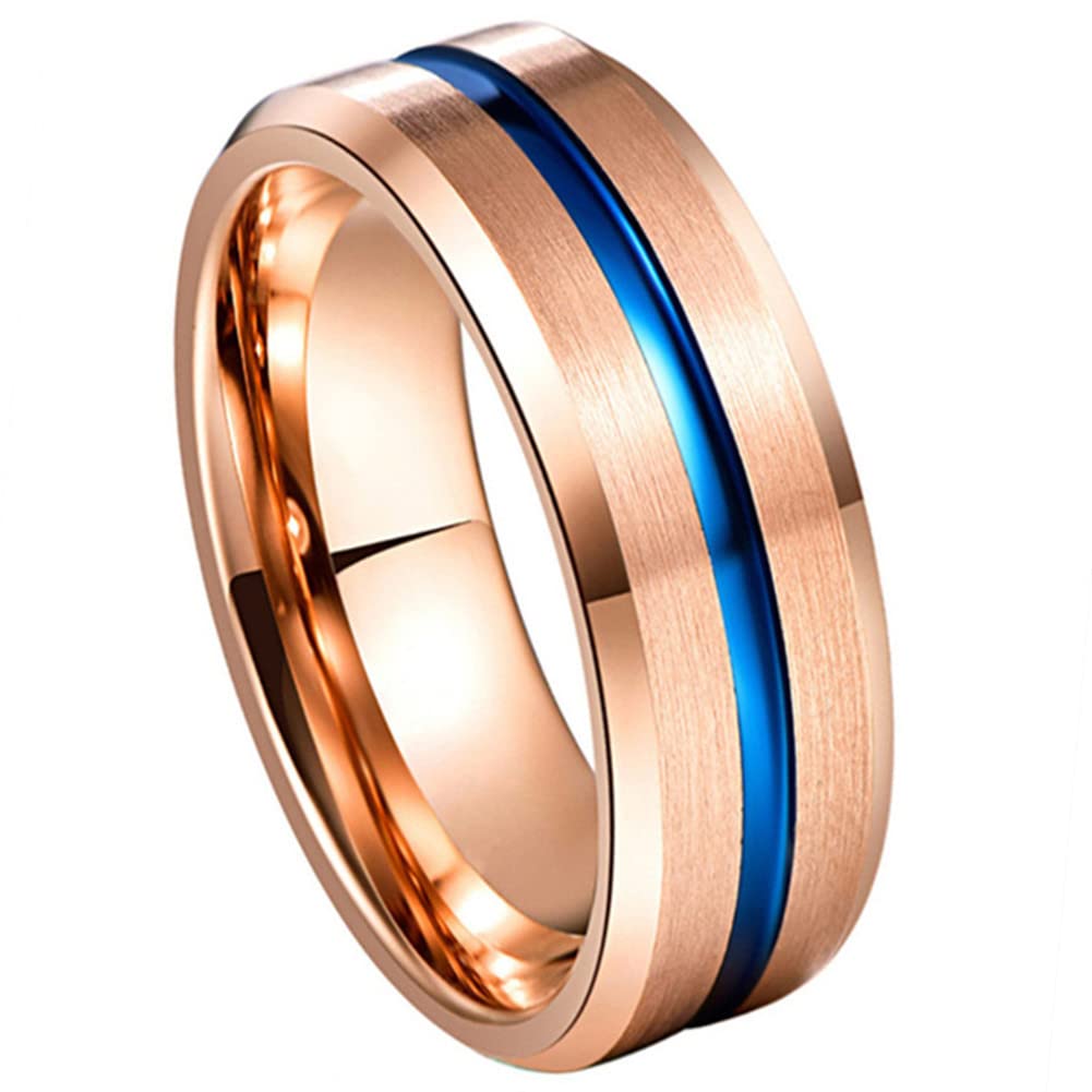 8mm Tungsten Wedding Rings for Men - Rose Gold, Blue Grooved, Black & Brown Two Tone Bands - Sizes 5-14 - Durable & Scratch-Resistant for Everyday Wear, Anniversary Gifts & Special Occasions